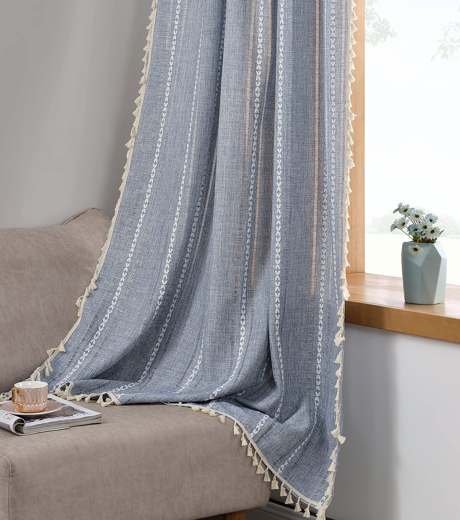 Boho Curtains 84 Inch Length - Blue Farmhouse Cotton Polyester Window Drapes with Embroidery & Tassels for Bedroom & Living Room | Country Chic Decor, Light Filtering Privacy Panels (84