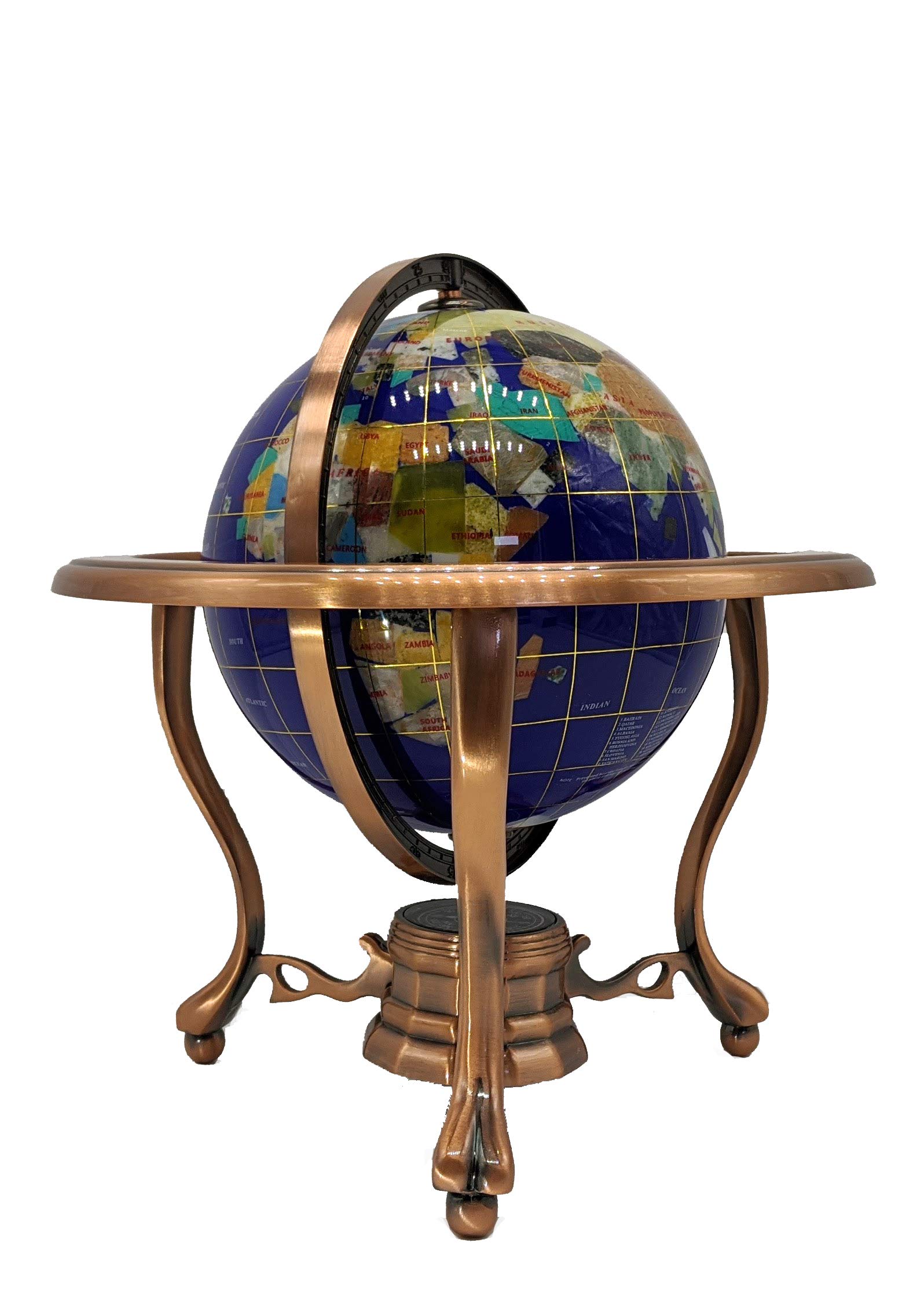 10-Inch Blue Lapis Ocean Gemstone World Globe with Copper Tripod Stand - Unique Art Tabletop Decor for Home, Office & Gift Giving - Perfect for Geography Lovers & Meditation Spaces