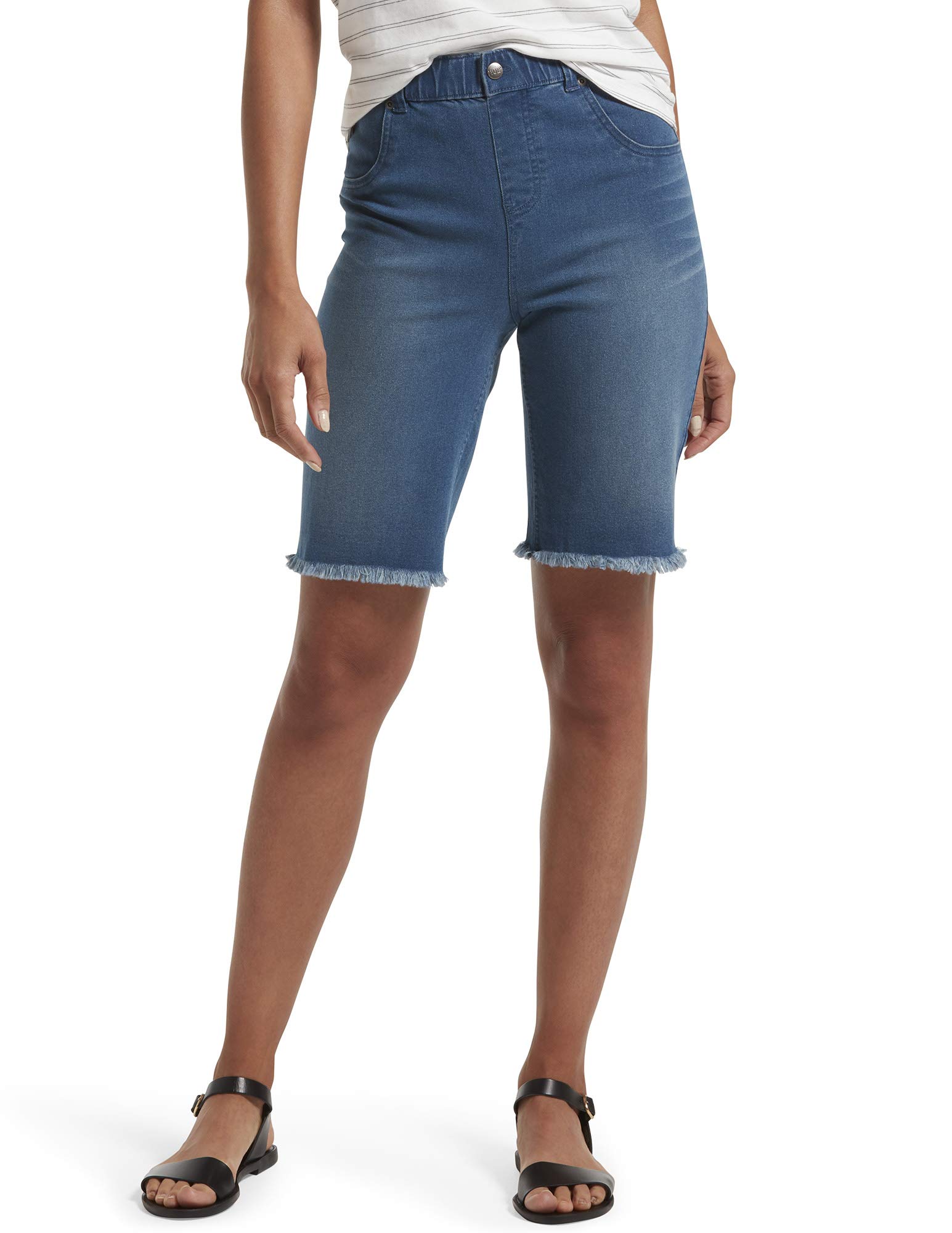 HUE Women's Ultra Soft Denim High Rise Bermuda Shorts - Comfortable Stretch Denim Shorts for Women - Perfect for Summer, Casual Wear & Beach Outfits