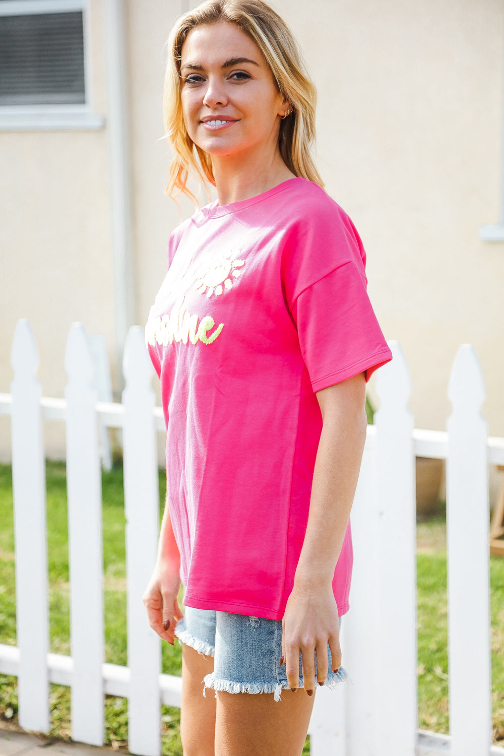 Hello Sunshine Pink and Yellow Embroidered French Terry Pullover Sweatshirt - Cozy Casual Wear for Women