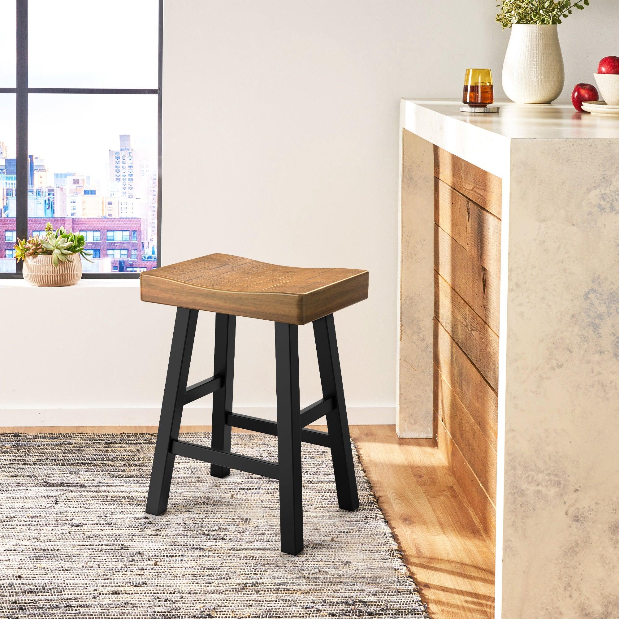 Set of 2 Farmhouse Solid Wood Bar Stools - Backless Saddle Seat Counter Height Chairs for Kitchen Island, Breakfast Nook & Home Office - Perfect for Rustic Decor, Dining & Small Space Living