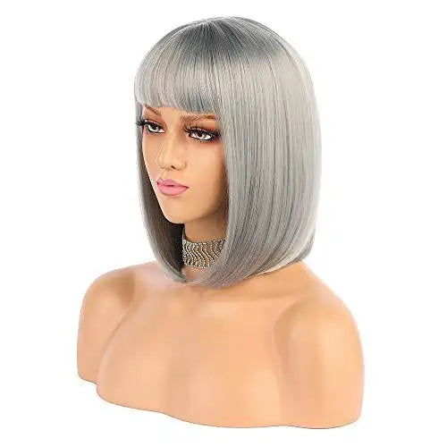 Silver Grey Bob Wig with Flat Bangs - Natural Looking Synthetic Hairpiece for Cosplay, Halloween & Daily Wear
