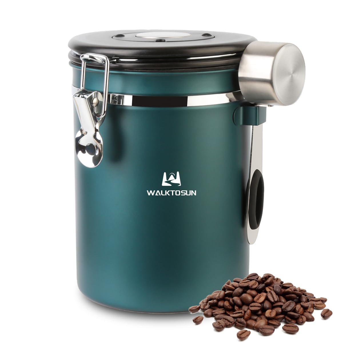 Airtight Stainless Steel Coffee Canister with Scoop & CO2 Release Valve - Premium Storage Container for Coffee Beans, Ground Coffee, Tea, Flour, Cereal & Sugar - Ideal for Kitchen Pantry Organization & Freshness Preservation (Green)