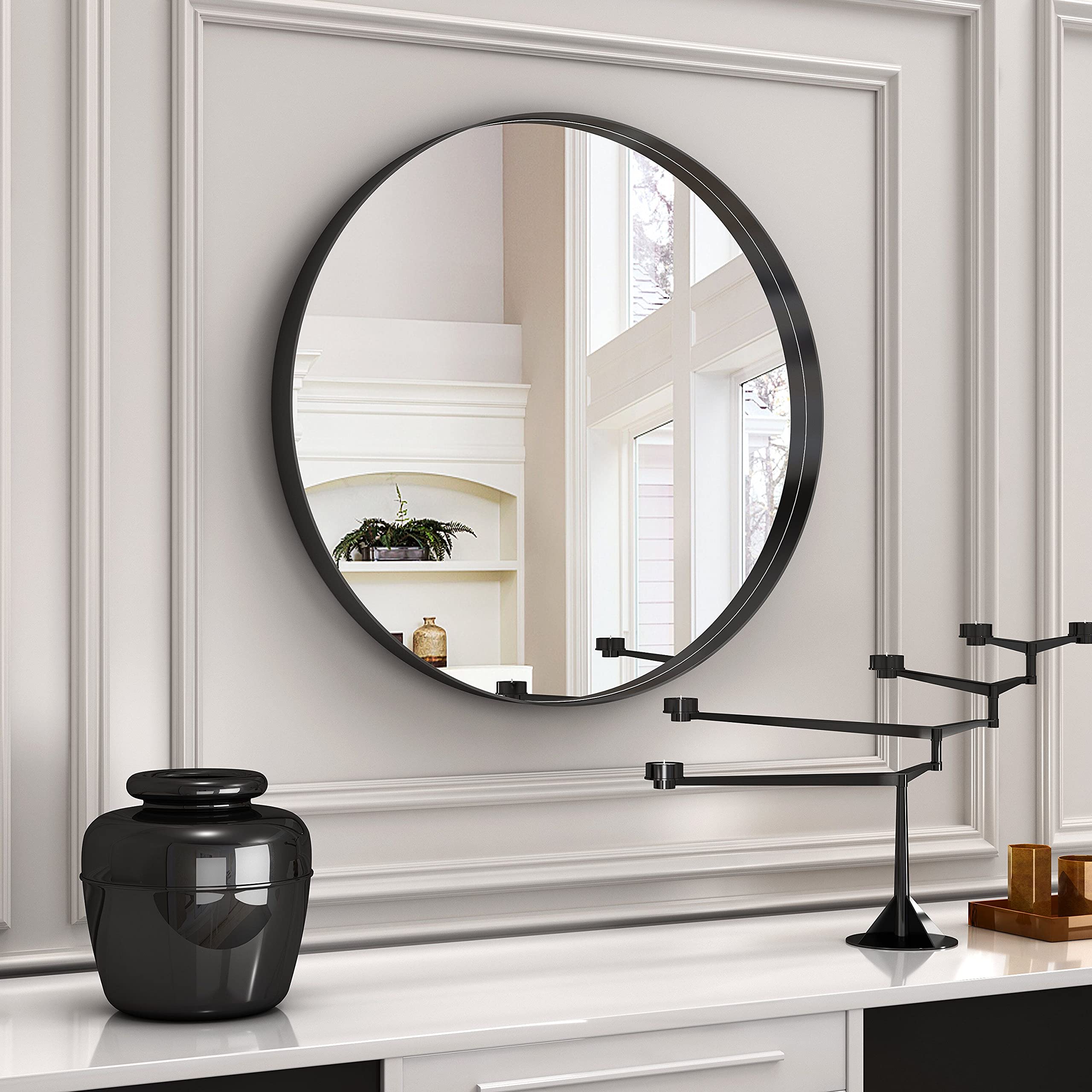 32 Inch Black Round Bathroom Mirror - Matte Metal Frame Modern Circle Wall Mirror for Entryway, Farmhouse Vanity & Home Decor (Perfect for Bathroom, Bedroom, Living Room & Dressing Area)