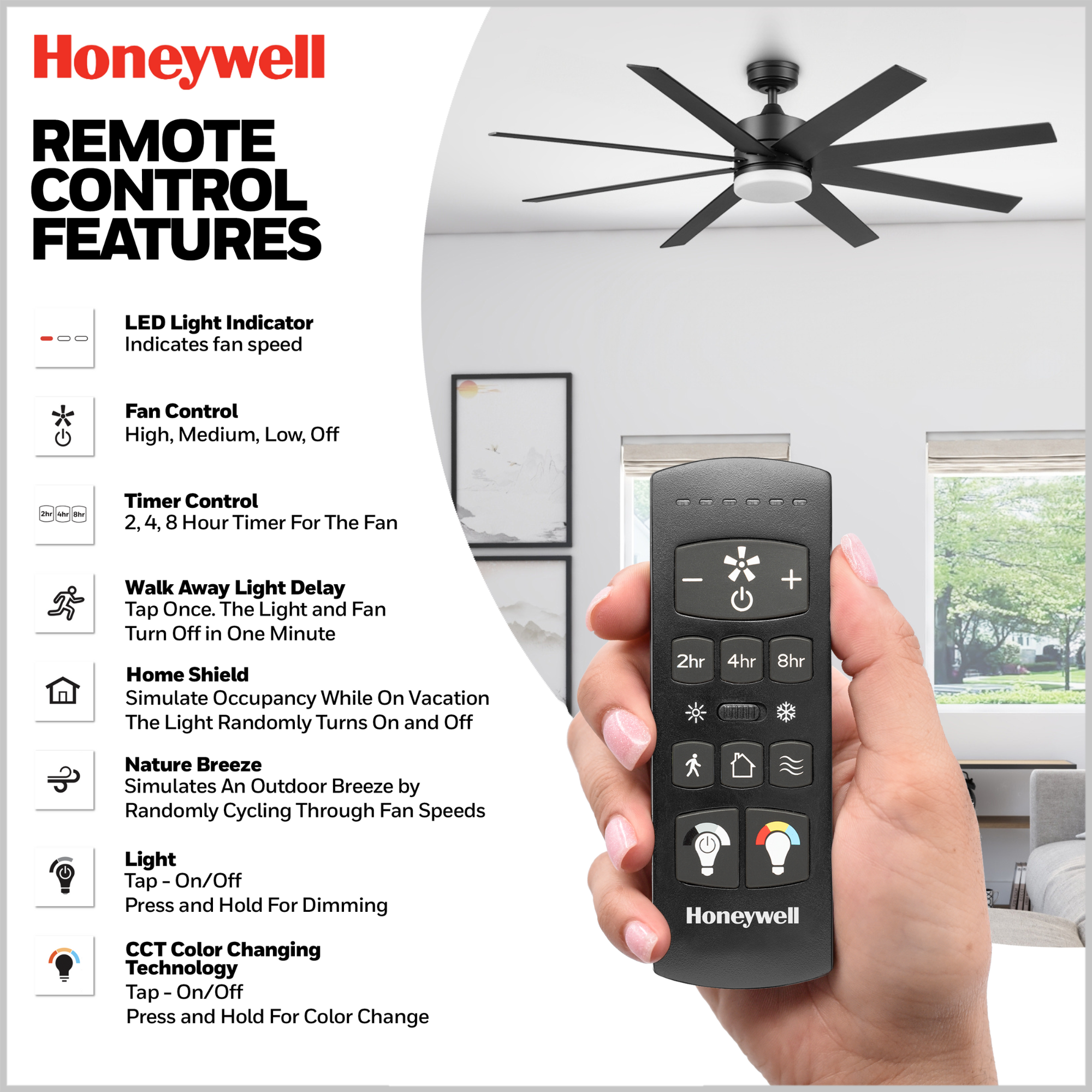 Honeywell 62 Inch Matte Black LED Ceiling Fan with Remote Control - Color Changing Smart Fan with Light Kit for Living Room, Bedroom & Home Office - Energy Efficient Quiet Cooling Fan with Modern Design