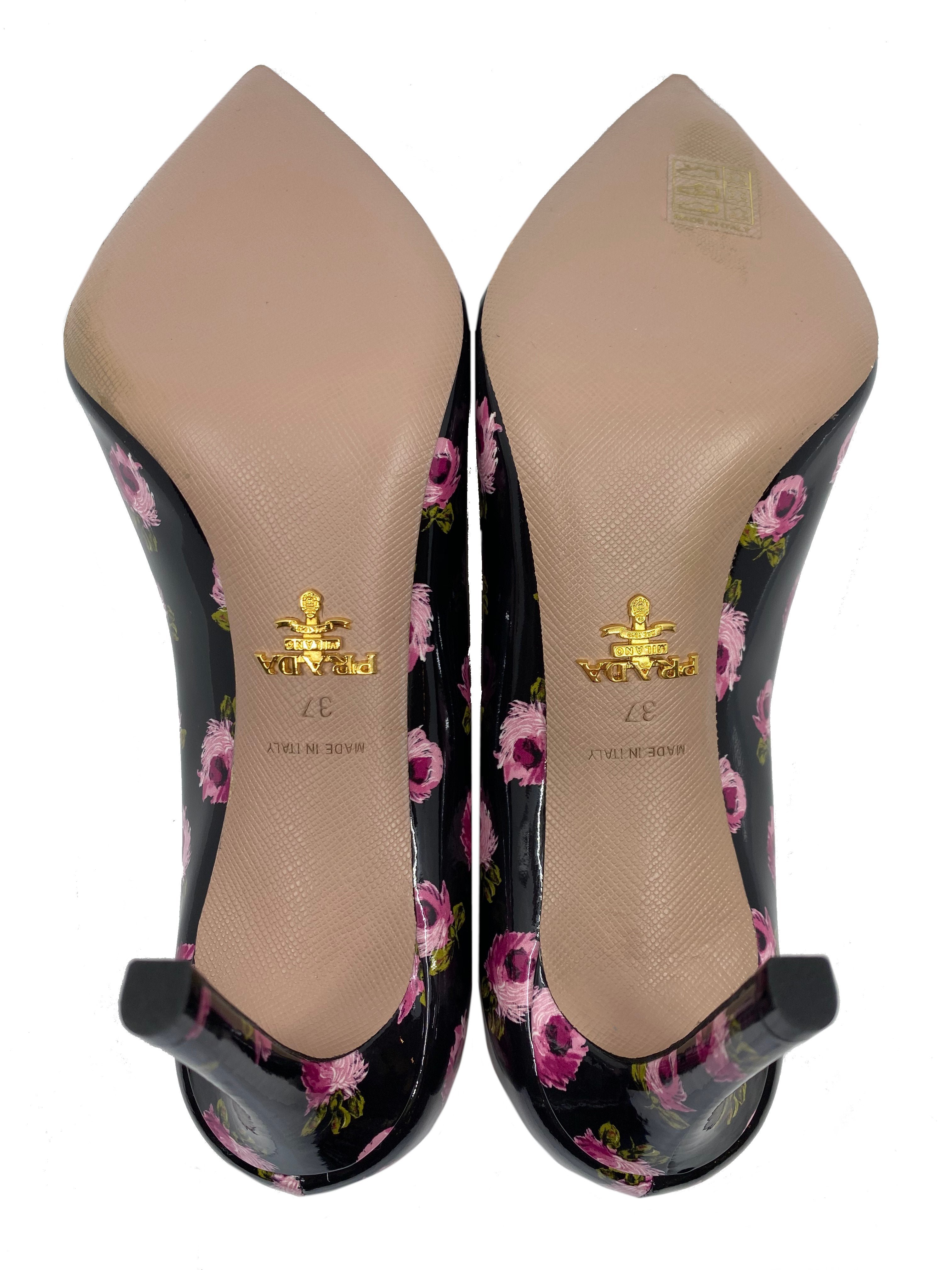 Prada Floral Print Patent Leather Pumps Women's Size 7 - New Designer High Heels for Wedding, Party & Special Occasions