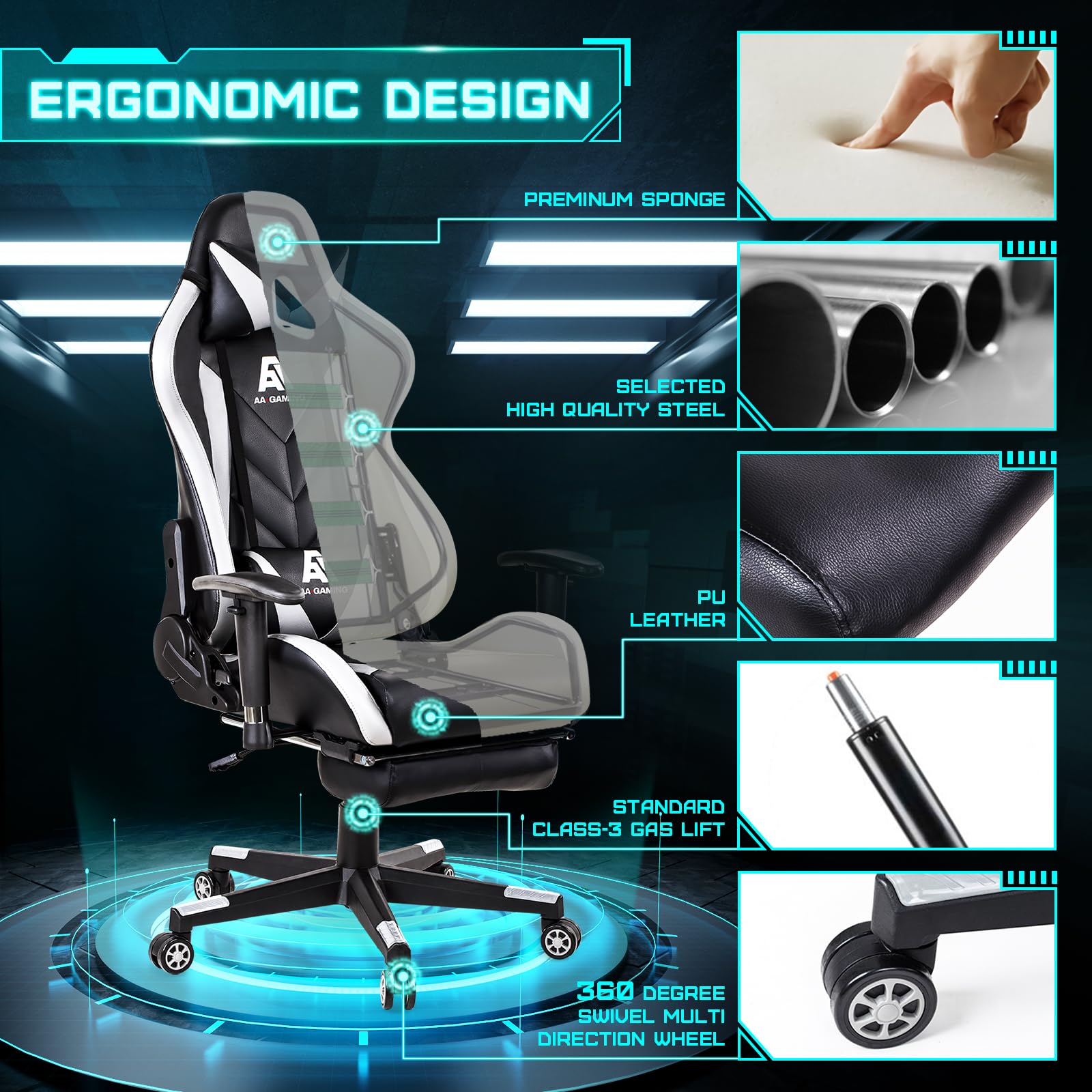 AA Products Ergonomic Gaming Chair - High Back Racing Office Chair with Adjustable Height, Lumbar Support & Footrest - White - Perfect for PC Gaming, Work from Home & Esports