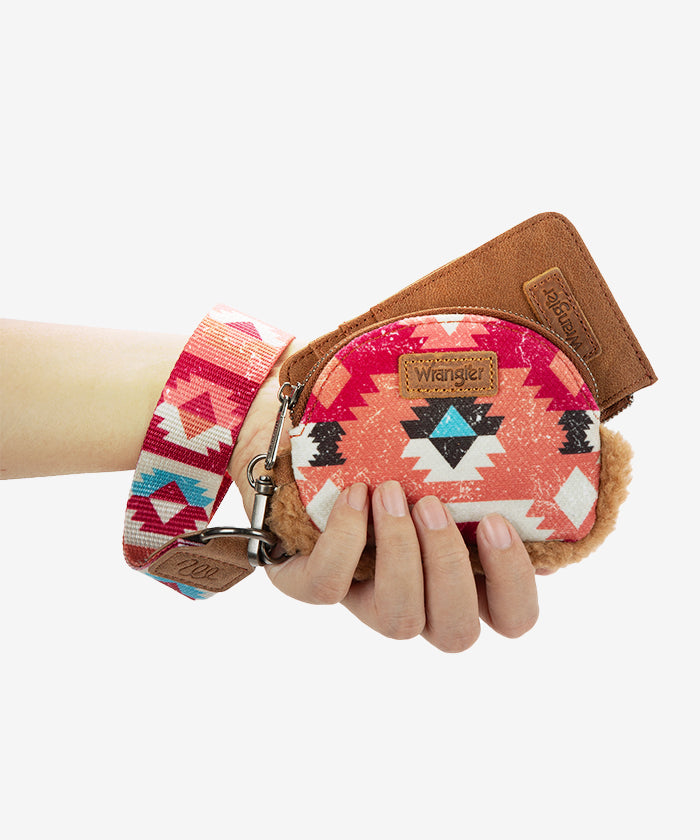 Wrangler Aztec Sherpa Trim Crossbody Purse Set for Women - Stylish Boho Shoulder Bag with Fringe Detail - Perfect for Casual Outings, Music Festivals & Travel Accessories