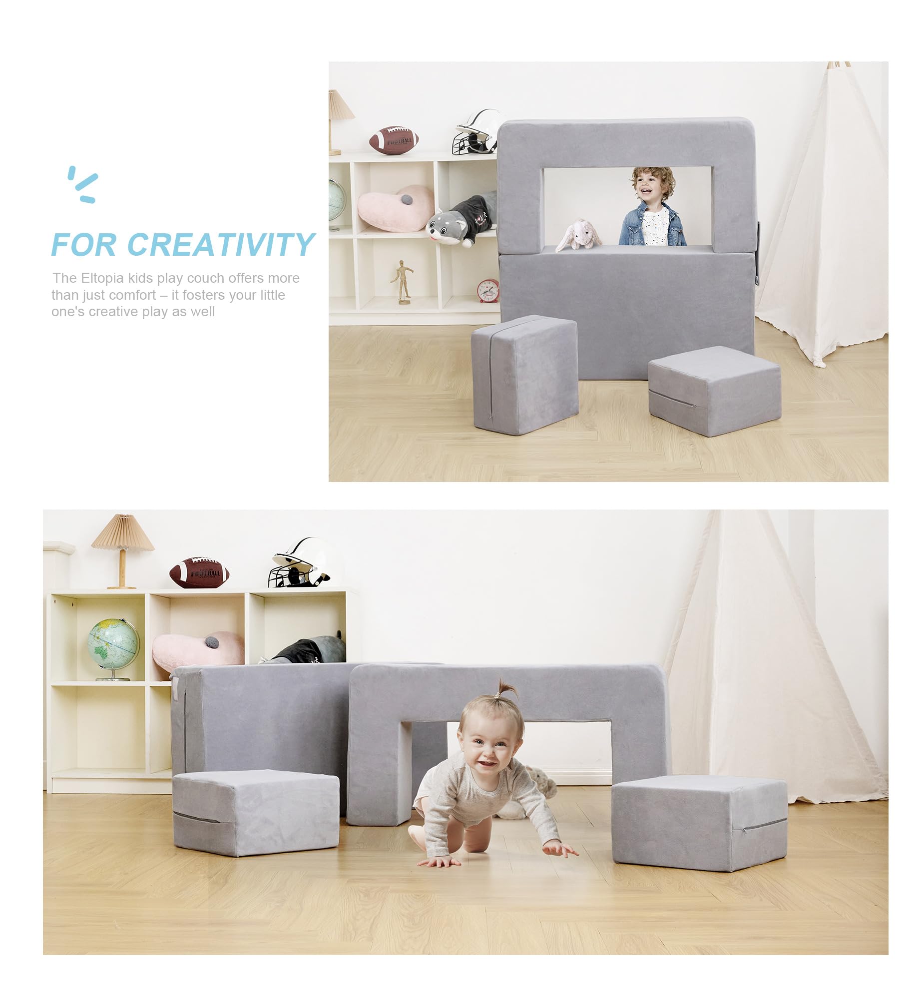 Modular Kids Sofa - Convertible Toddler Couch with Foam Armchair, Foldable Plush Sofa Bed Play Set for Boys & Girls (Grey) - Perfect for Playrooms, Bedrooms & Nap Time