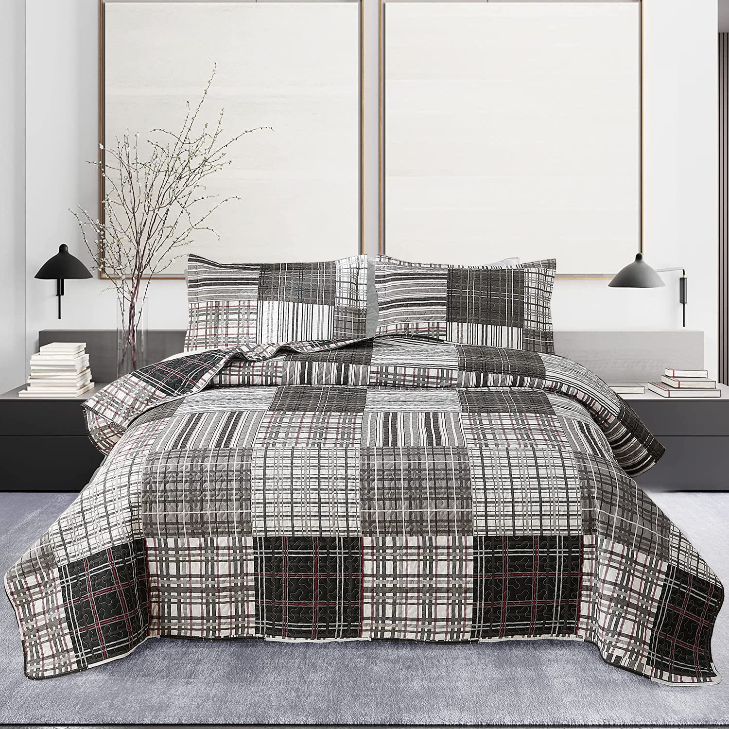 Ycosy Queen Size Quilt Set - Soft Lightweight Plaid Patchwork Bedspread in Black White Grey | Modern Stripe Design for Bedroom Decor | Perfect for All Seasons & Cozy Home Comfort