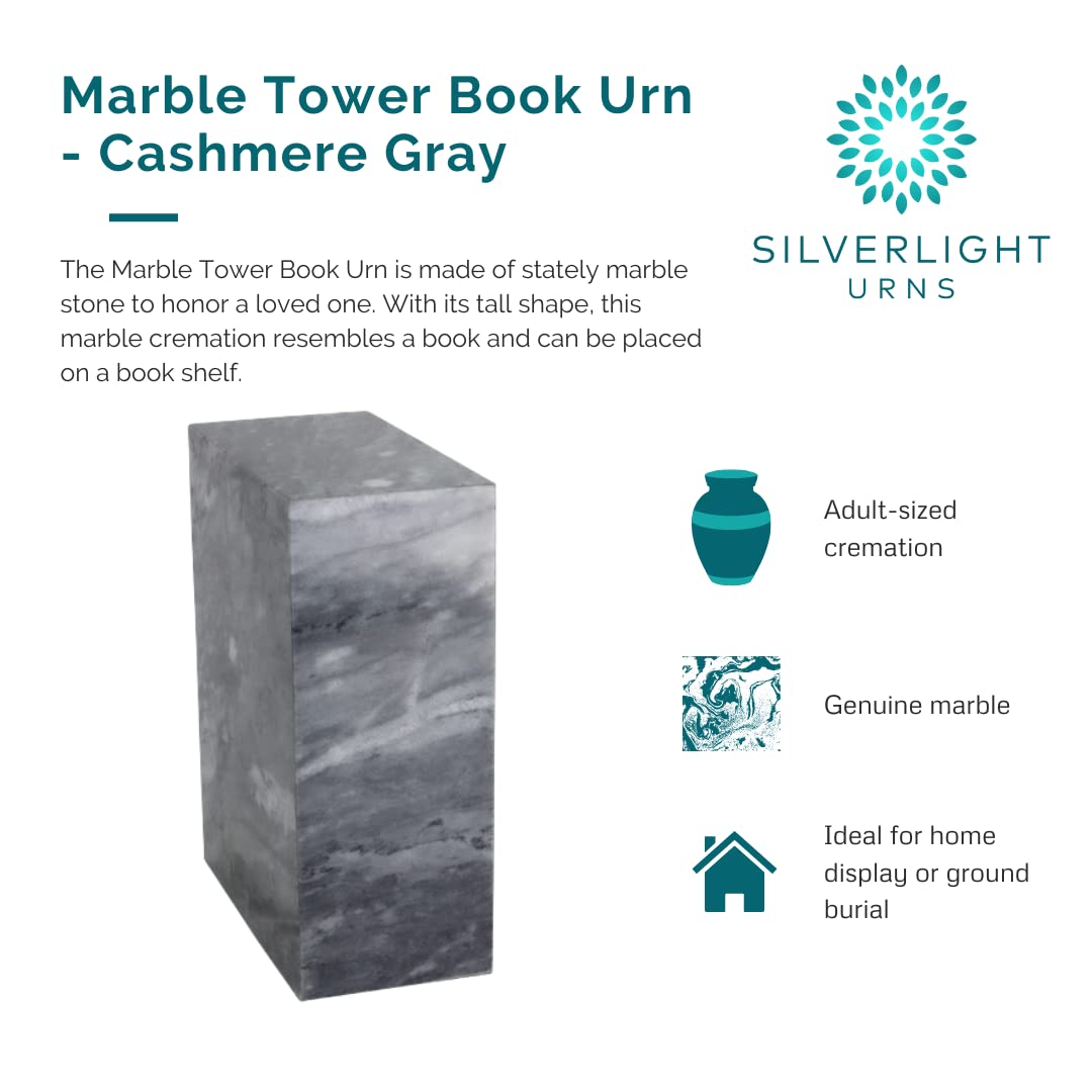 Genuine Gray Cashmere Marble Book-Shaped Tower Urn for Ashes – 10 Inch Tall Memorial Urn – Perfect for Home Display, Funeral Services & Cremation Remembrance