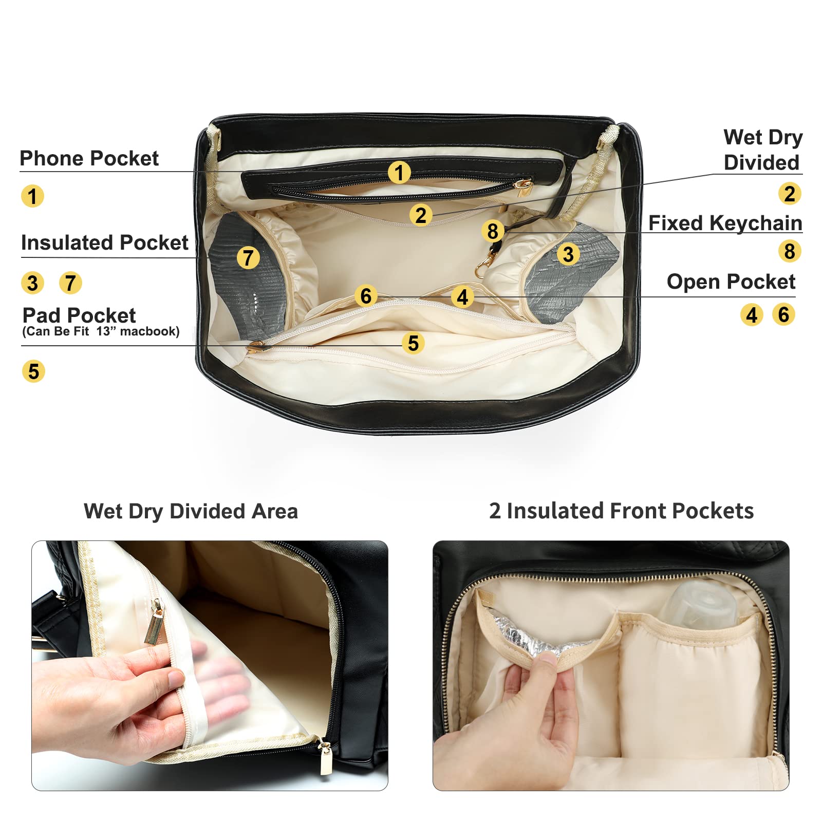 **Miss Fong Premium Leather Diaper Backpack for Baby Boys & Girls – 13 Organizing Pouches, Changing Pad, Stroller Straps & 4 Insulated Pockets (Black) – Perfect for Travel, Outings & Daily Baby Care**