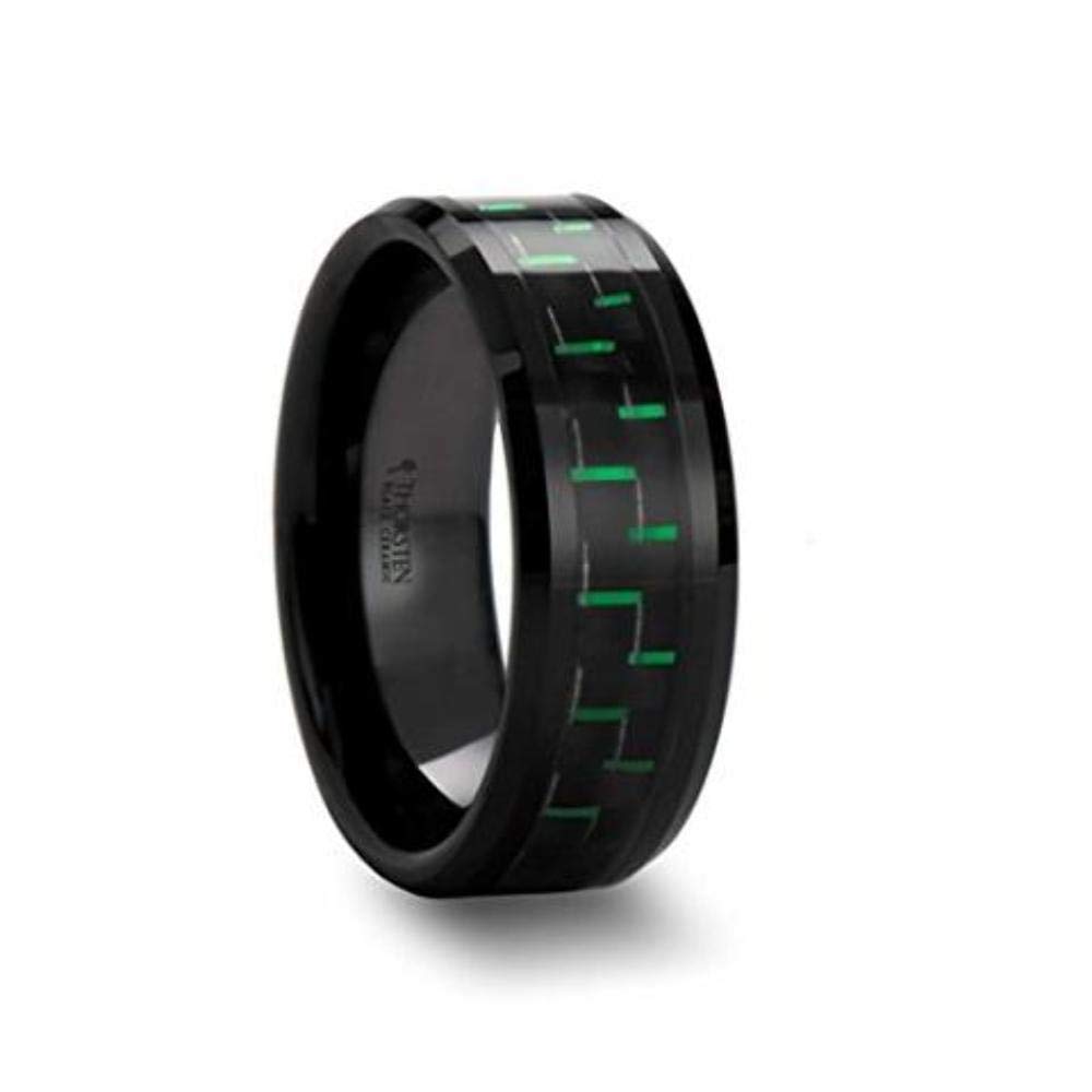ATILUS Black Beveled Edge Ceramic Wedding Ring - 8mm Wide with Black & Green Carbon Fiber Inlay - Custom Engraved Inside - Durable & Stylish Men's Wedding Band - Perfect for Anniversaries, Engagements & Everyday Wear