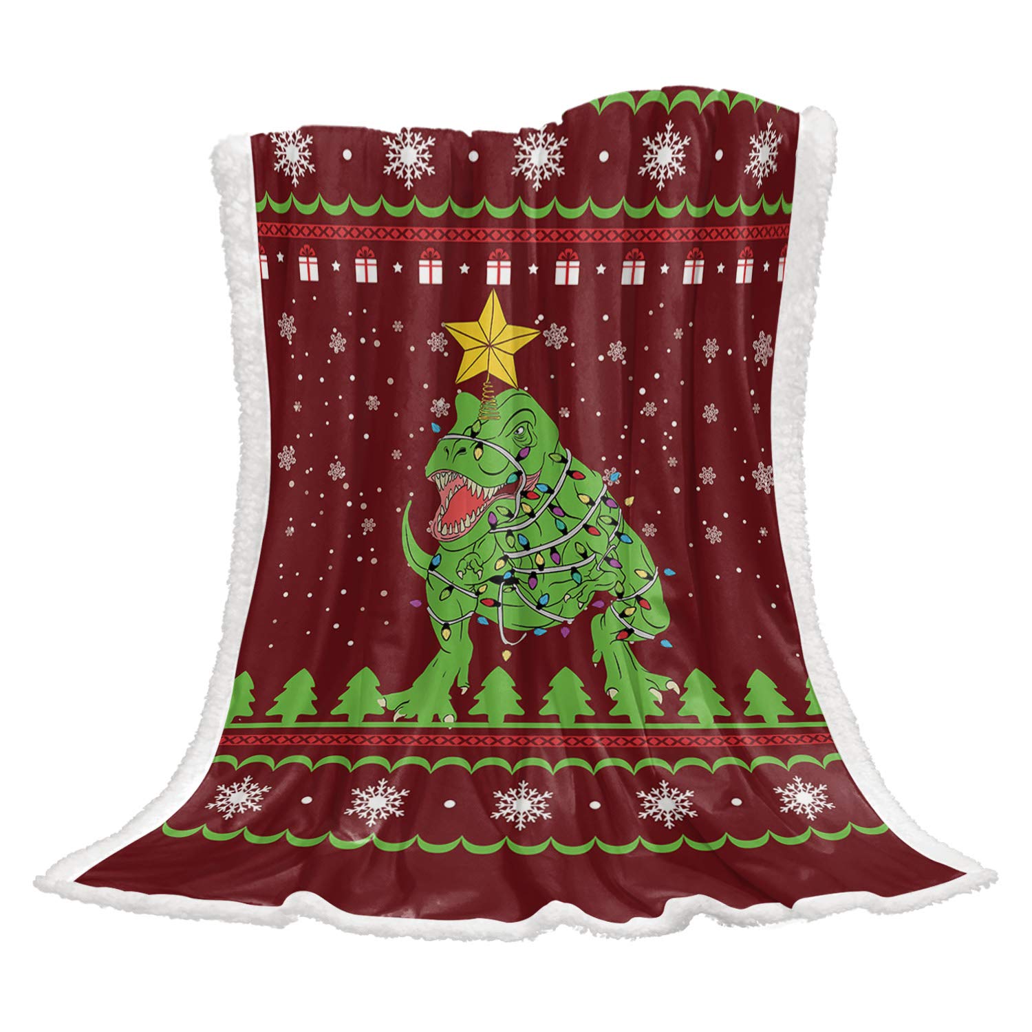60 x 80 Inch Printed Flannel Fleece Christmas Throw Blanket - Dinosaur Pattern Red Snowflake Design for Bedroom, Sofa & Couch - Cozy Gift for Girls Wrapped with String Lights - Perfect for Winter Nights, Holiday Decor & Living Room Snuggling