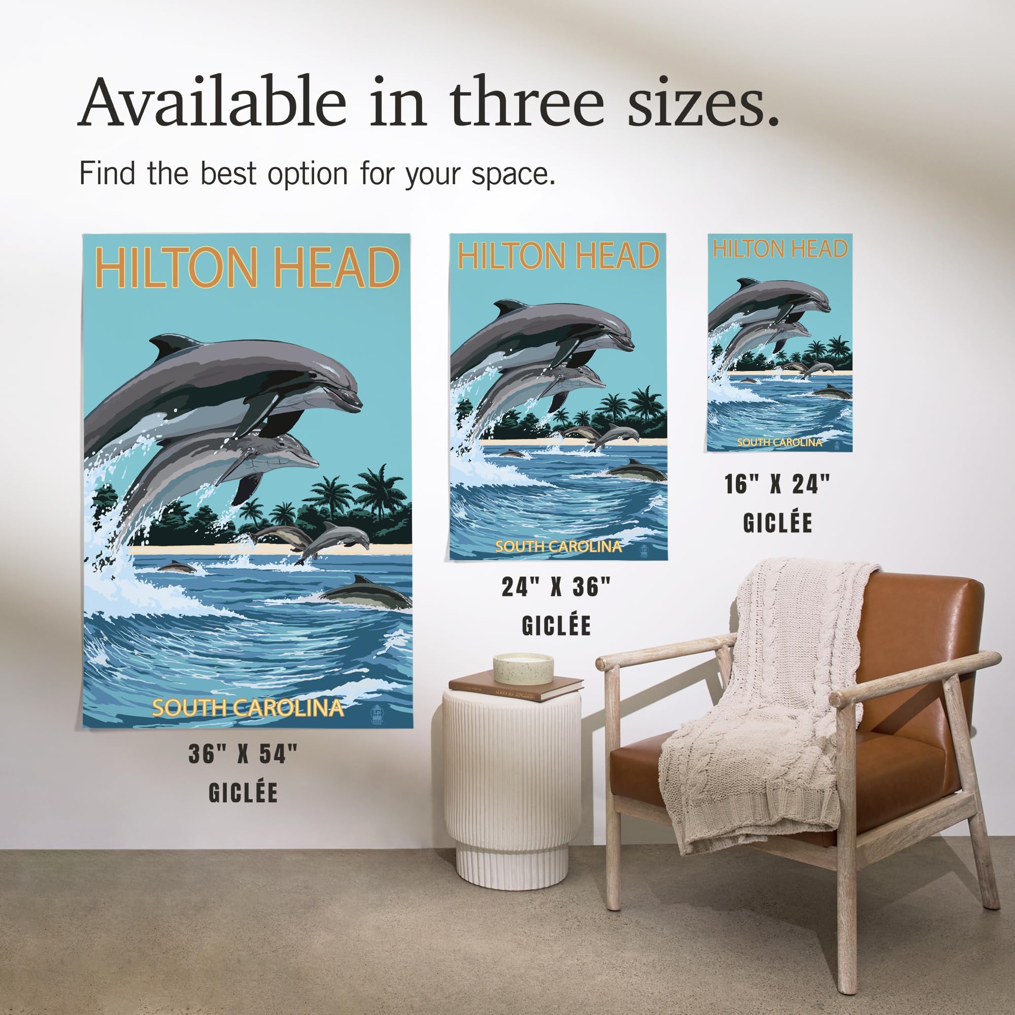 Lantern Press 16x24 Inch Giclee Art Print - Hilton Head South Carolina Dolphins Jumping Ocean Wildlife Wall Decor - Perfect for Beach House Living Room or Coastal Bedroom Decor