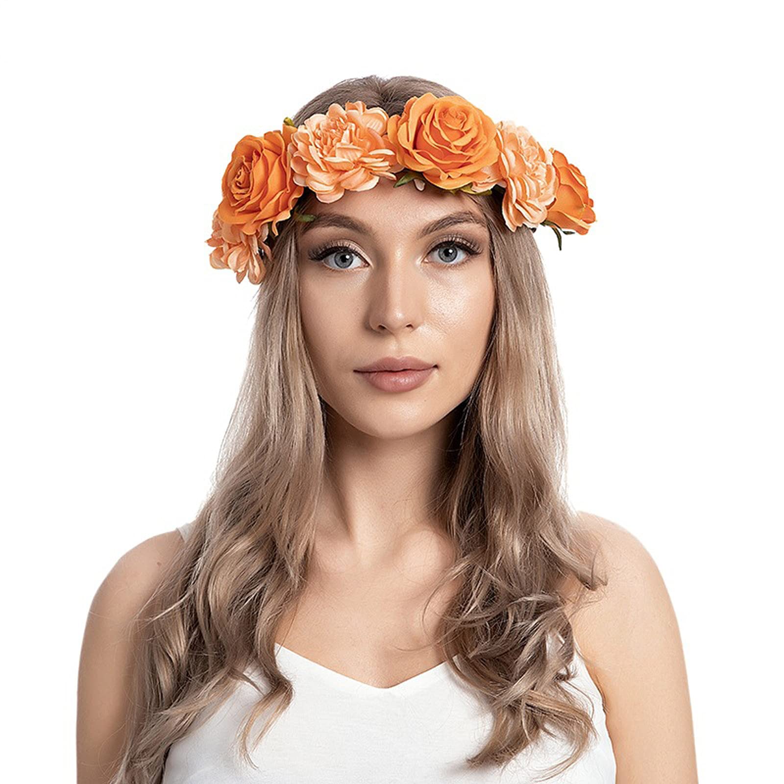 SHOBDW Orange Floral Wreath Headband - Women's Flower Hair Garland Crown for Birthday Parties, Photography, Carnivals, and Festive Events