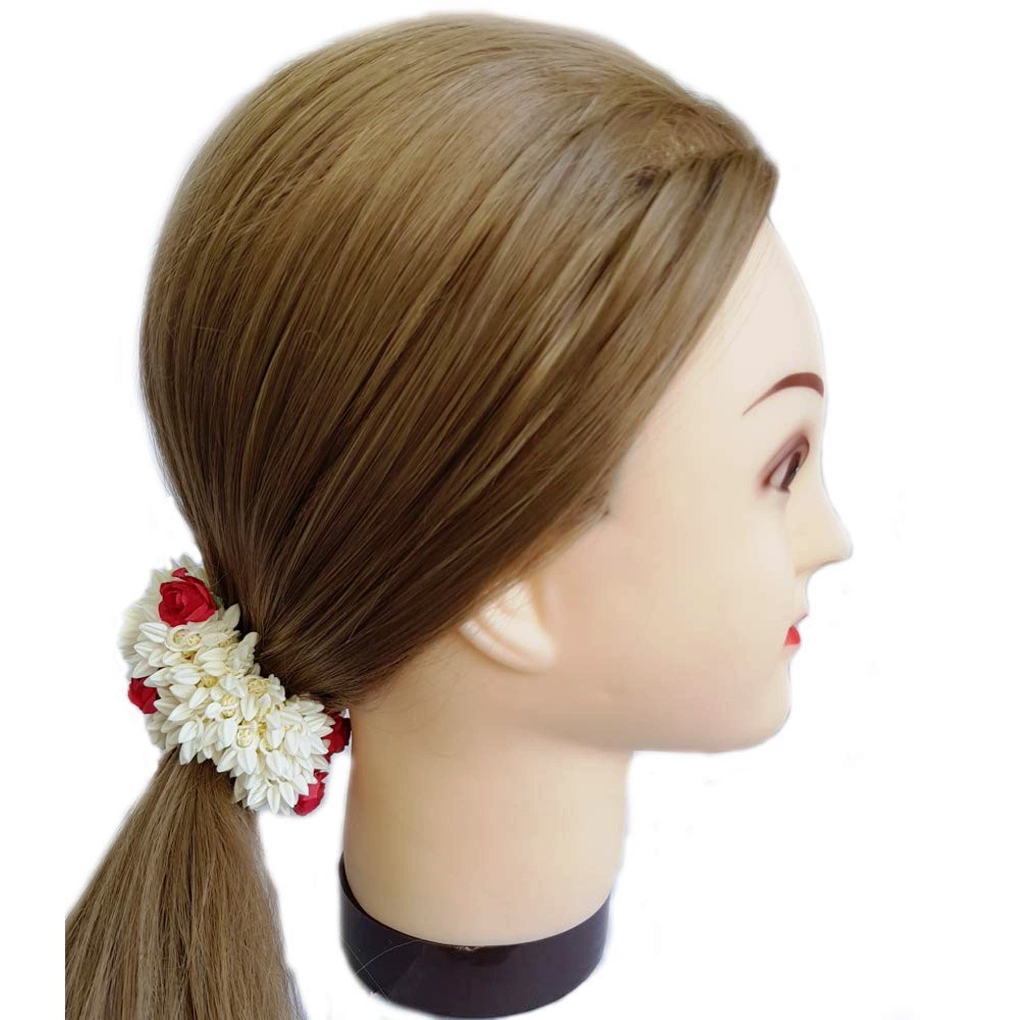 Pack of 2 Artificial Mogra & Rose Rubber Band Hair Flowers - Plastic Gajra Hair Accessories for Women & Girls - Perfect for Weddings, Parties & Traditional Outfits
