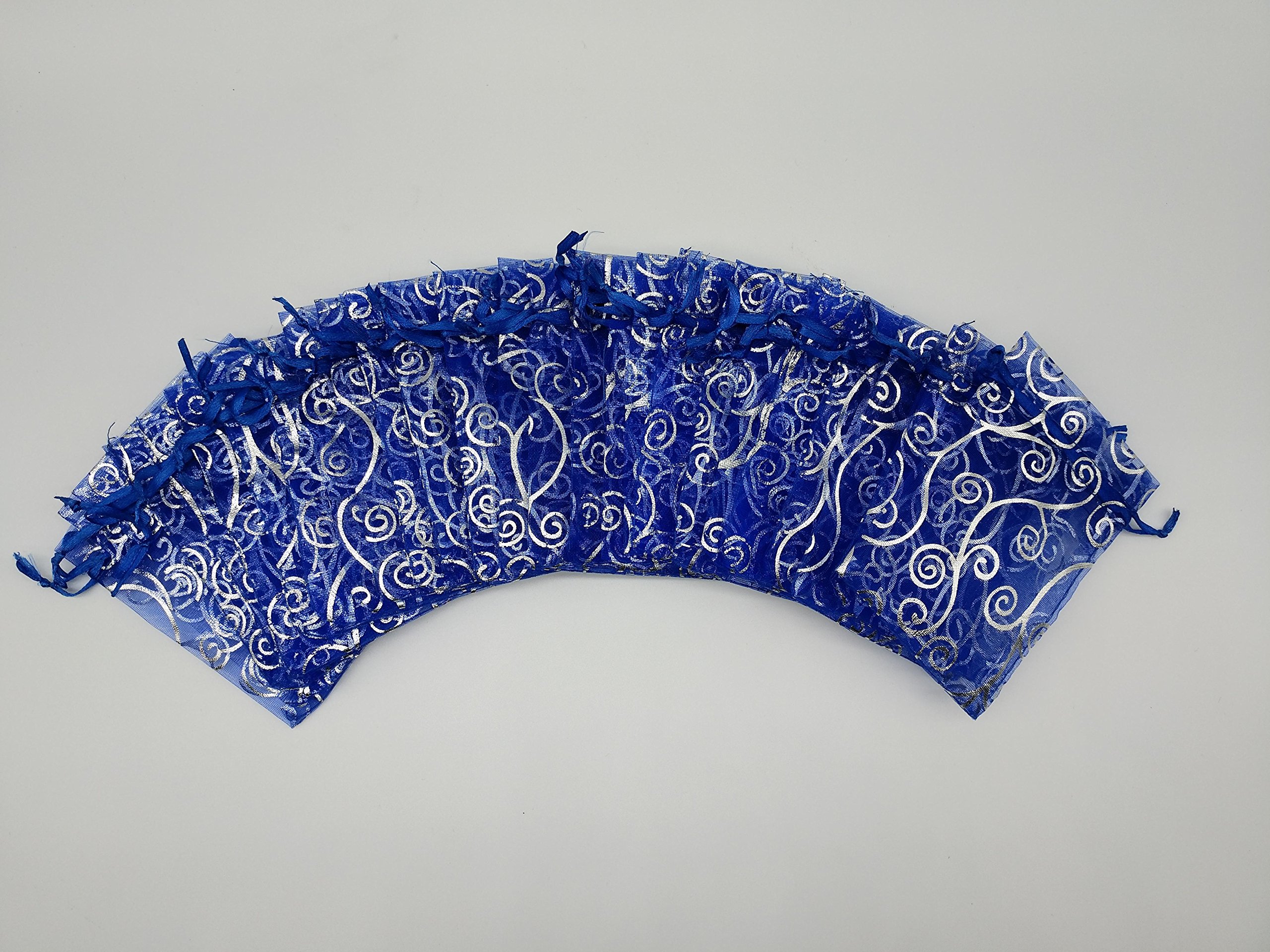 100pcs Blue Sheer Organza Favor Bags 3x4 Inch - Wedding, Baby Shower, Party Gift Bags with Drawstring - Rattan Print Organza Pouches for Candy, Jewelry, Party Favors & Sample Displays