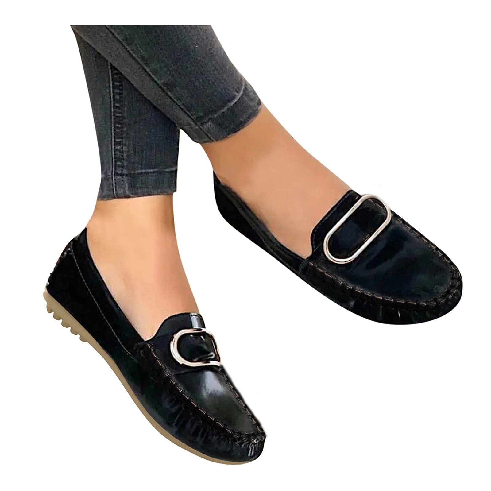 **Women's Black Dressy Comfort Flats - Round Toe Slip-On Buckle Casual Shoes for Plantar Fasciitis | Perfect for Work, Travel & Everyday Wear**