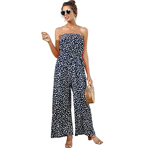 IUALXYBB Women's Casual Off Shoulder Jumpsuit - Floral Dot Print Strapless Belted Wide Leg Romper for Summer Beach Vacation, Party & Date Night Outfits