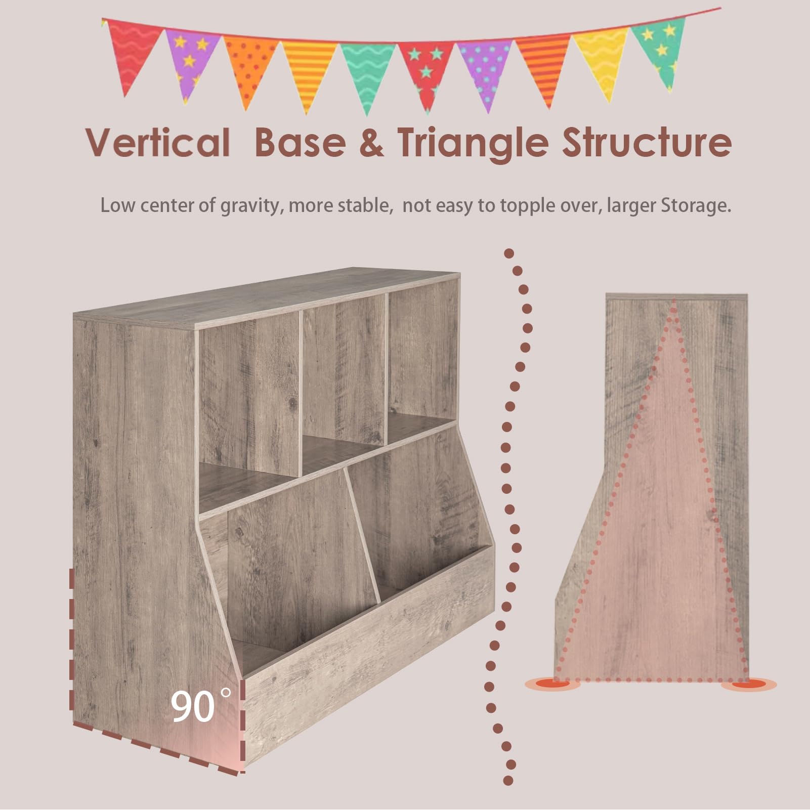 DINZI LVJ Kids Wooden Toy Storage Organizer & Bookshelf - 5 Cubby Bookcase for Playroom, Bedroom, Nursery - 39.4