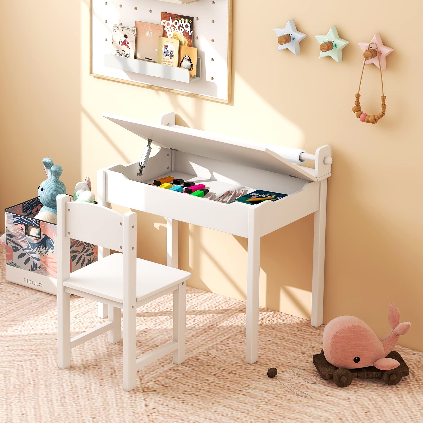KOTEK Wooden Toddler Table and Chair Set - Kids Art Desk with Storage, Paper Roll Holder & Pen Slots - 3+ Years Old Children's Activity Table for Drawing, Crafts & Learning - Perfect for Daycare, Playroom & Home (White)