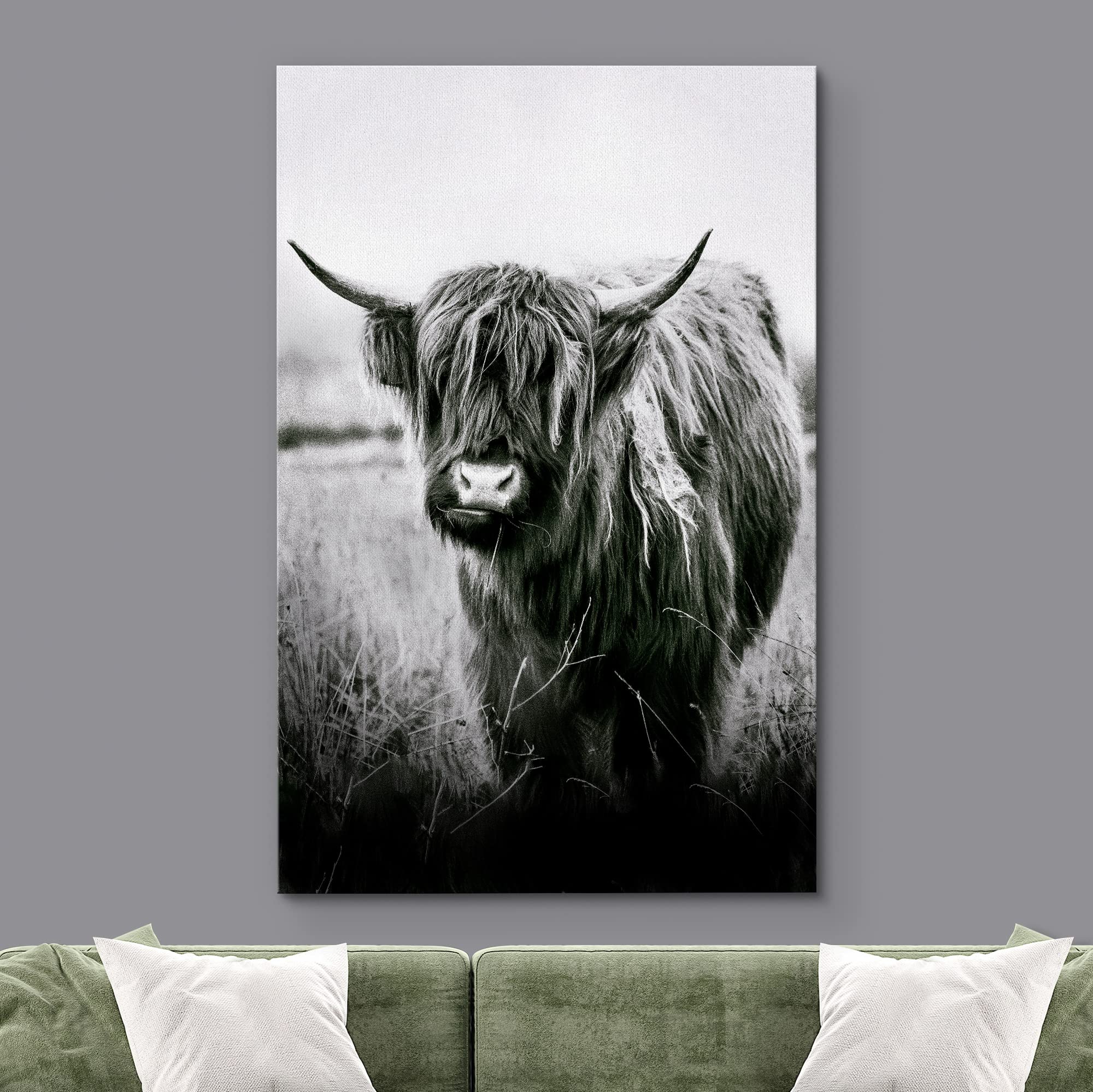 Premium Black & White Shetland Farm Cow Canvas Print - Modern Nature Photography Wall Art for Farmhouse & Country Decor - Calming Animal Portrait for Living Room, Bedroom, Office - 32x48 Inches - Perfect for Home, Office & Relaxation Spaces