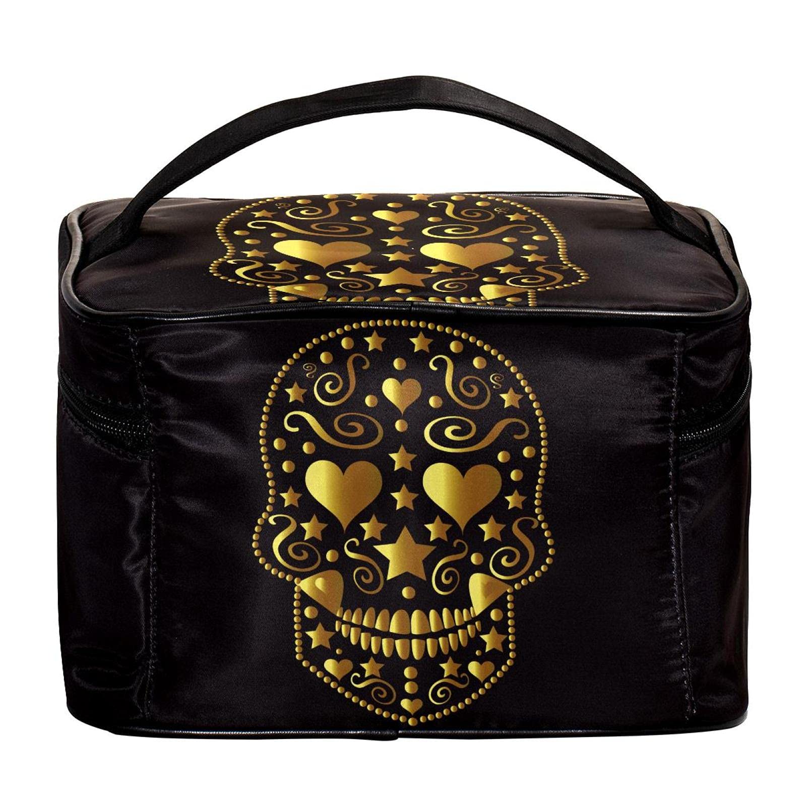Gold Sugar Skull Makeup Bag for Women - Large Cosmetic Travel Case for Toiletries & Beauty Essentials