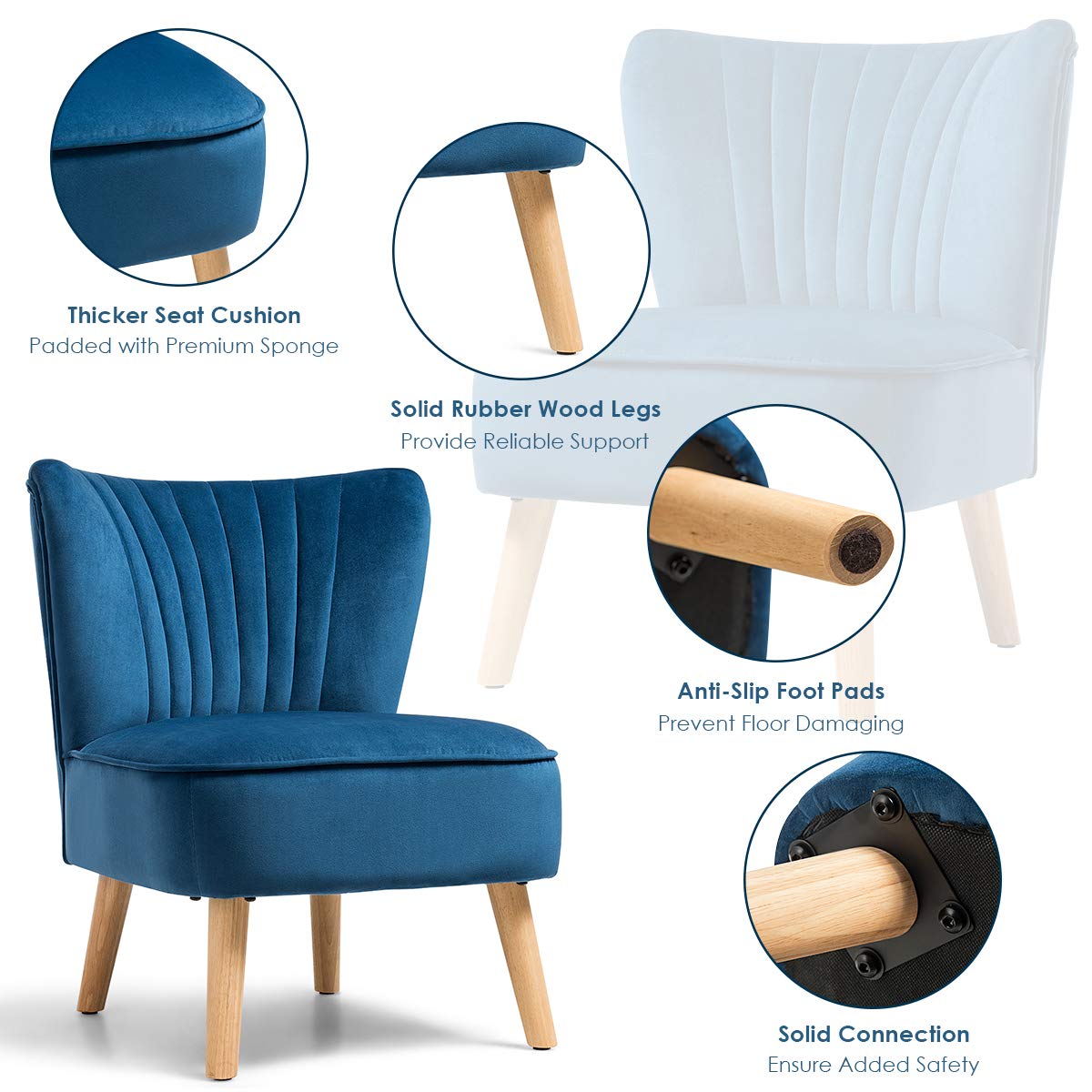 Giantex Set of 2 Velvet Accent Chairs with Wood Legs - Modern Upholstered Armless Wingback Club Chairs, Thickly Padded for Living Room, Bedroom, Office & Lounge - Comfortable Seating for Home Decor & Relaxation