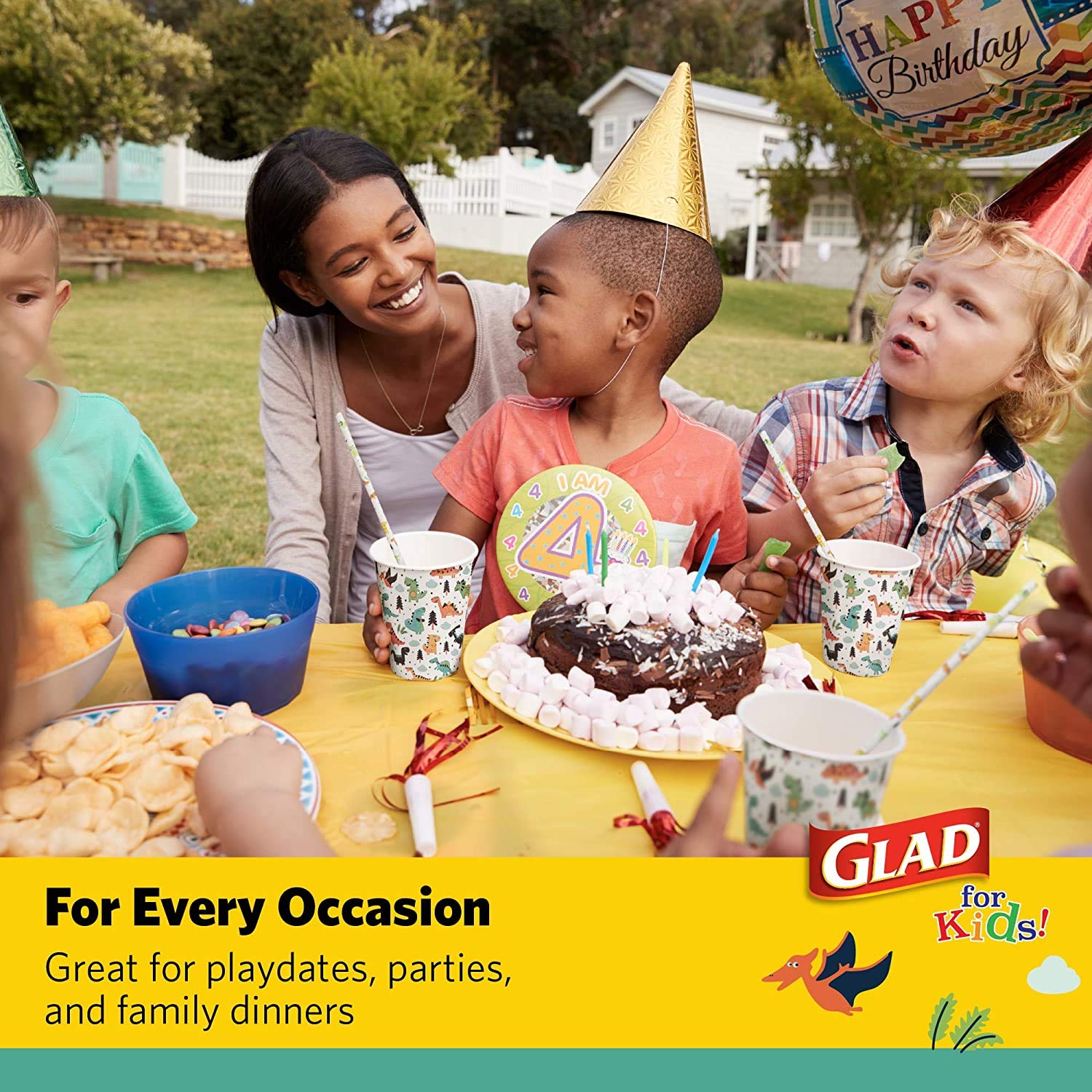 Glad for Kids 7-Inch Small Round Disposable Paper Plates - Cute Dinosaur Design, Heavy Duty, Soak Proof & Microwavable - 120 Count for Birthday Parties, Picnics & Family Gatherings
