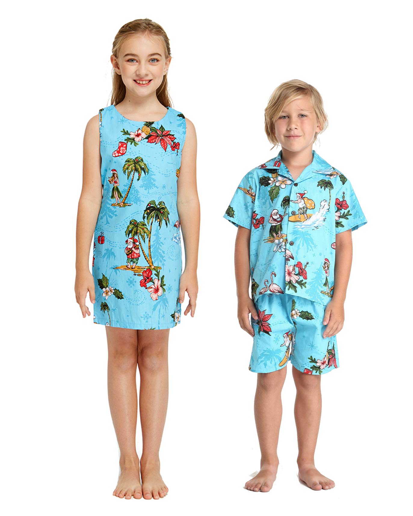 **Hawaiian Luau Matching Siblings Outfit - Girl Tank Dress & Boy Shirt - Santa in Hawaii Theme - Perfect for Family Vacations, Beach Parties & Holiday Photos**