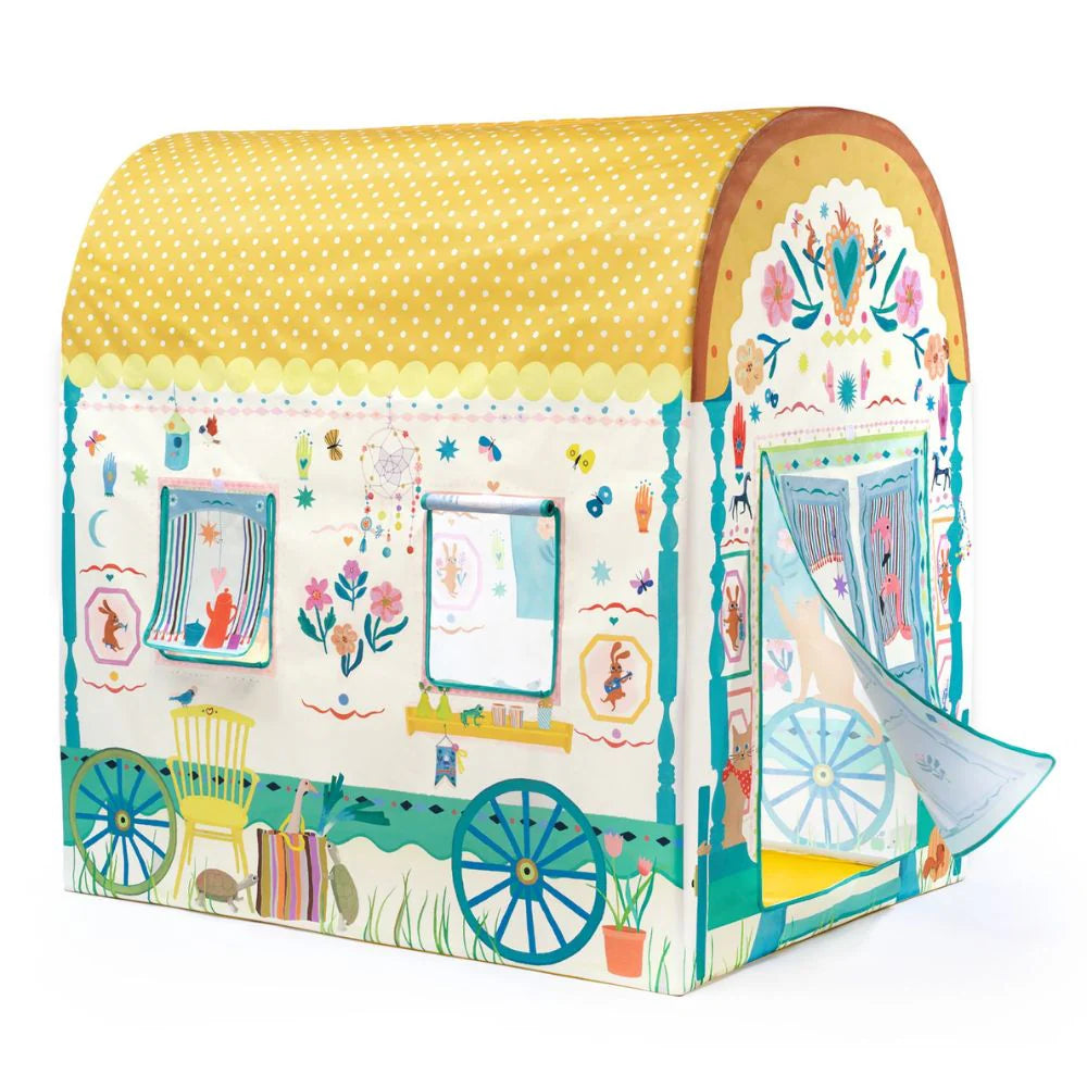 Djeco Caravan Play Tent & Toy Storage Box Set - Kids Playhouse for Indoor & Outdoor Fun - Perfect for Playrooms, Bedrooms, and Backyards