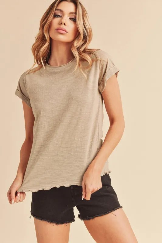 Aemi + Co Women's Lettuce Edge Round Neck Short Sleeve T-Shirt - Soft Casual Tee for Everyday Wear, Summer Outfits & Layering