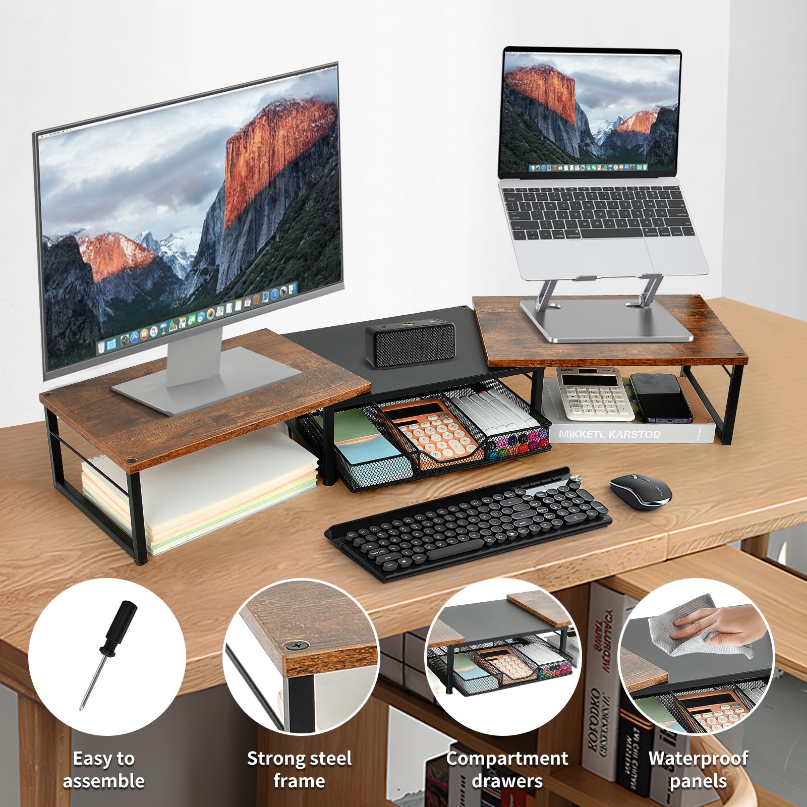 Dual Monitor Stand Riser with Drawer - Rustic Brown Desk Organizer for Office Workspace | Computer Monitor Stand for Laptop, Printer & TV | Perfect for Home Office Setup & Workspace Organization