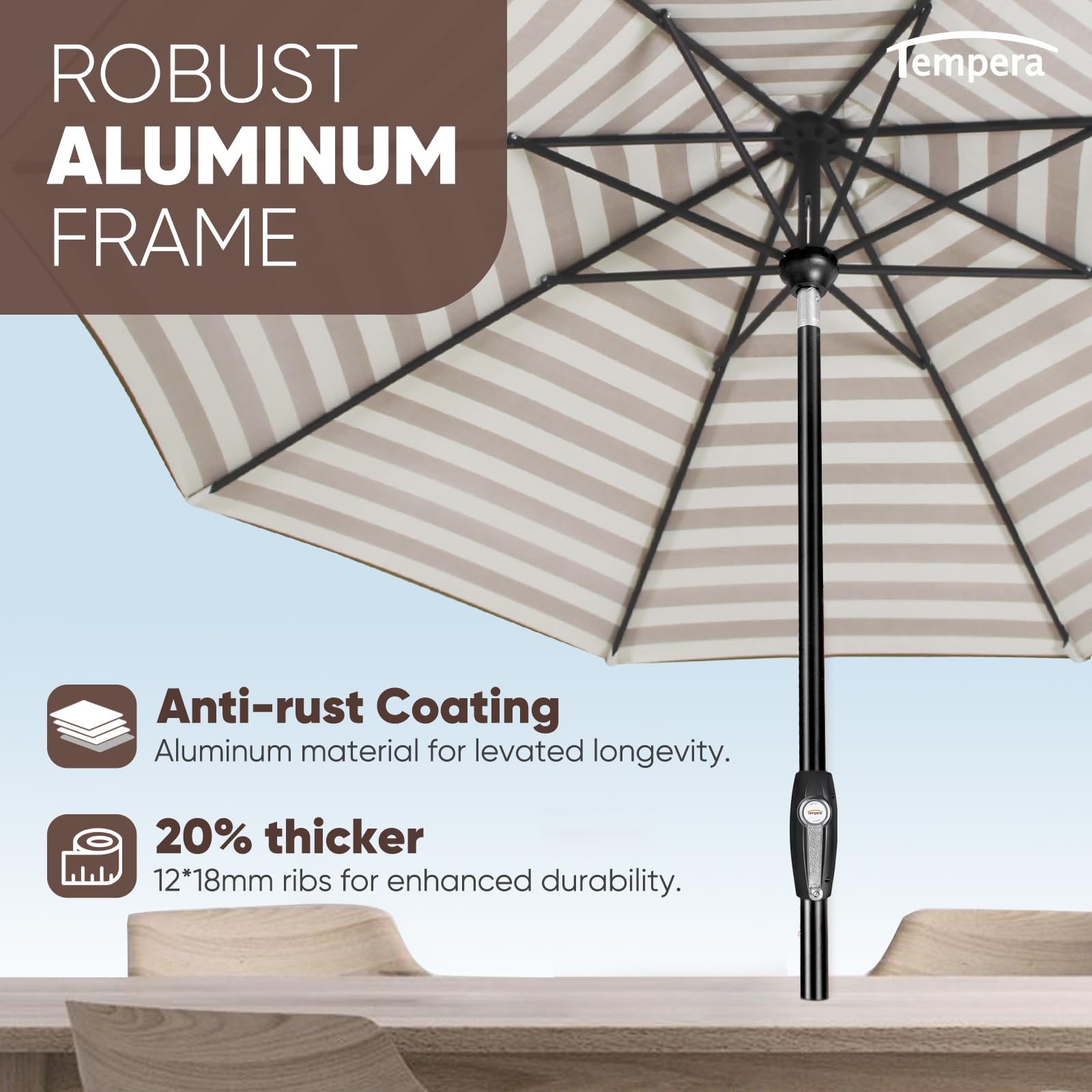 Tempera Patio Market Outdoor Table Umbrella with Auto Tilt & Crank - Large Sun Shade Umbrella with Sturdy Pole & Fade-Resistant Canopy - Easy Setup for Backyard, Poolside & Outdoor Dining