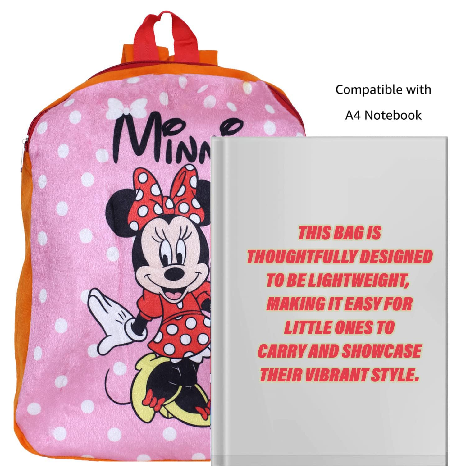 Disney Minnie Mouse Velvet Kids School Backpack for Boys & Girls - 2 Compartment Book Bag with Adjustable Straps | Durable Student Backpack for Elementary School, Daycare & Travel | Orange