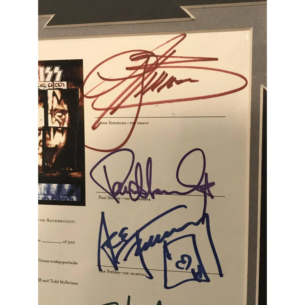 Kiss Band Signed Framed Collage - Gene Simmons, Paul Stanley, Ace Frehley Autographed Memorabilia with JSA COA | Perfect for Rock Music Fans & Collectors, Wall Decor for Home & Office
