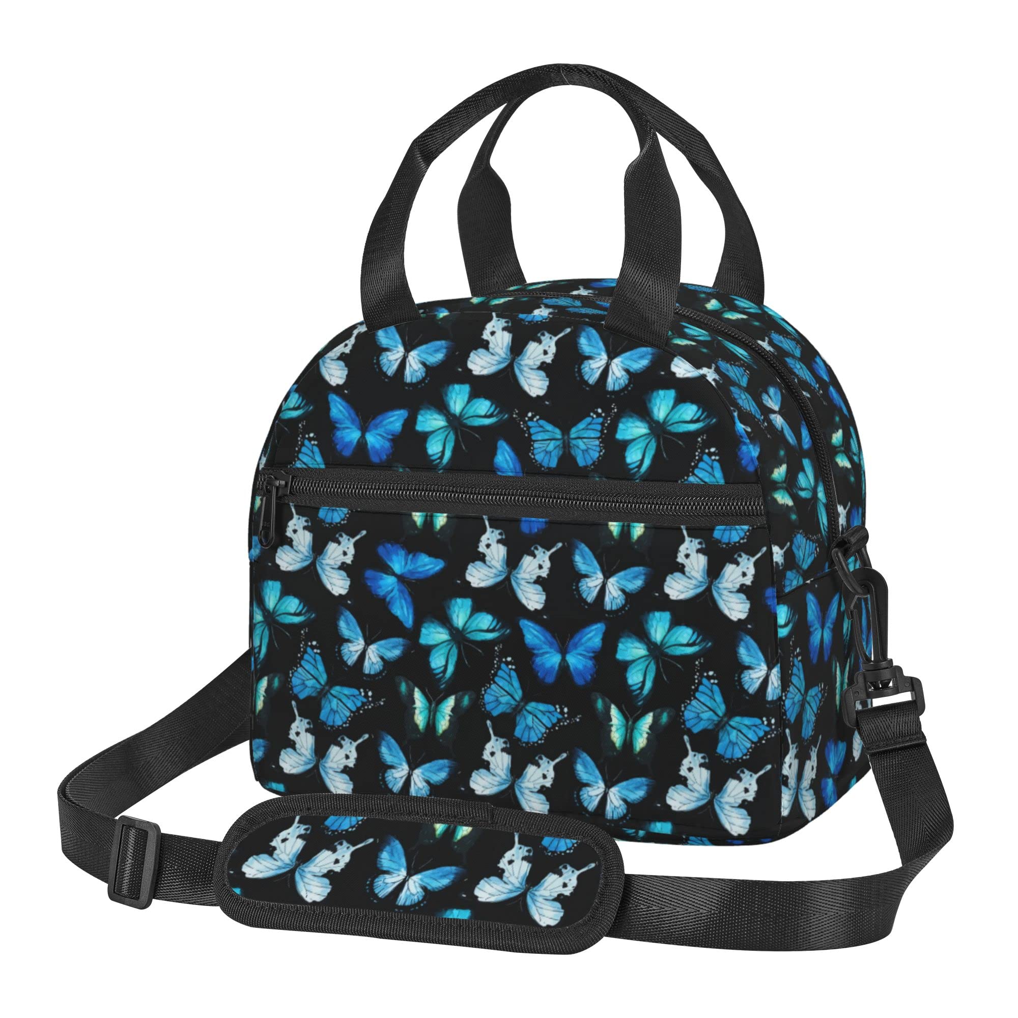 **Blue Butterfly Insulated Lunch Bag - Reusable, Waterproof & Leakproof Lunch Box with Adjustable Shoulder Strap for Kids, Women & Adults - Ideal for Work, School, Picnic, Travel & Outdoor Activities**