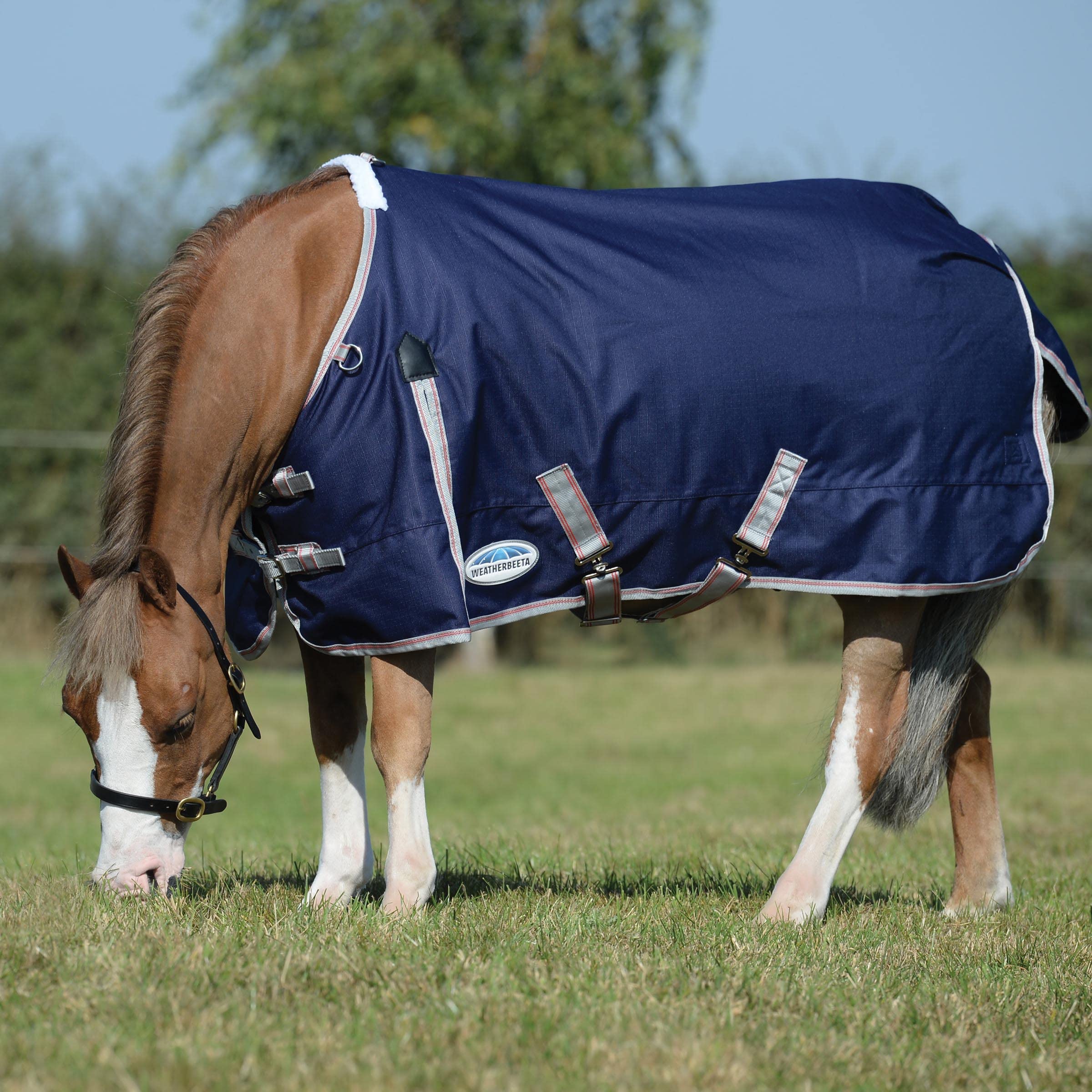 WeatherBeeta ComFiTec Essential Standard Neck Lite Horse Blanket - Navy/Silver/Red - 54 Inch - Waterproof & Breathable - Ideal for Turnout & Stable Use