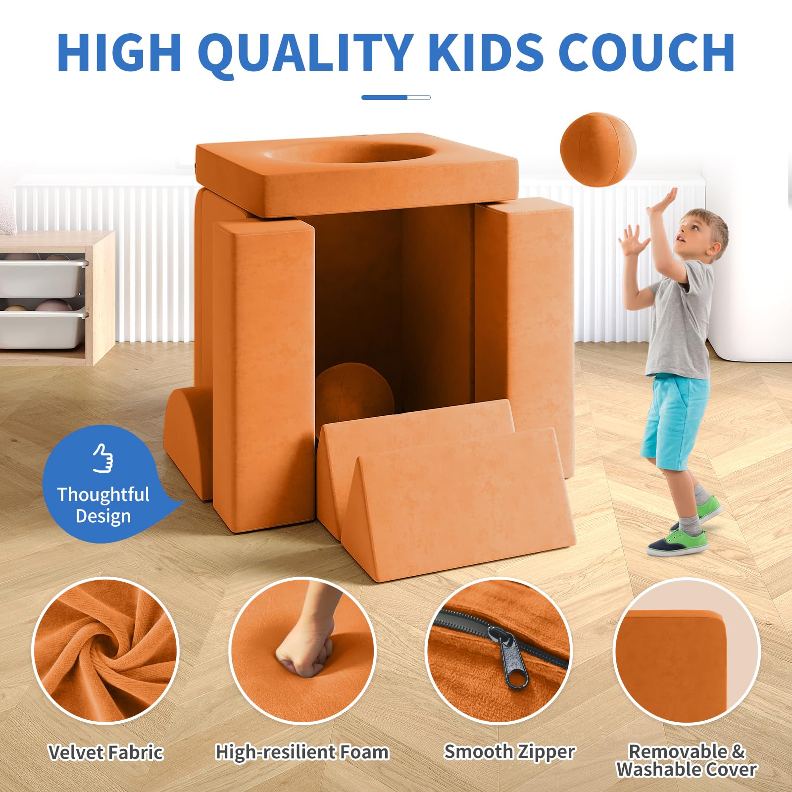 Wanan Kids Couch - 12 Piece Modular Toddler Sofa Set with 2 Balls & Play Tunnel, Light Brown Playroom Furniture for Creative Games, Kickball & Pitching | Perfect for Indoor Play, Birthday Gifts & Daycare Centers