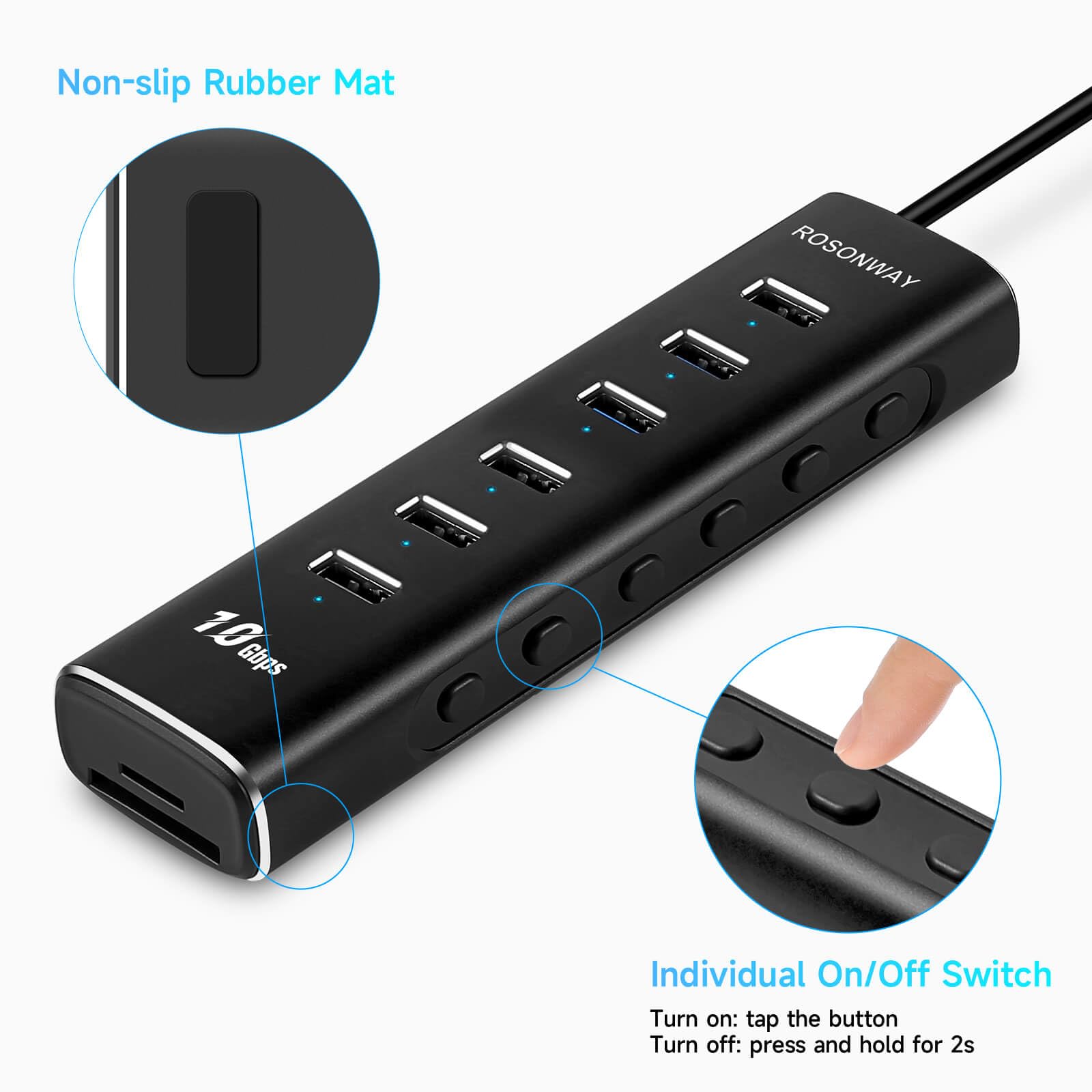 Rosonway 8-Port USB 3.2 Hub with USB-C | 10Gbps High-Speed Data Transfer | SD/TF Card Reader | 3.3ft Cable & 12V/2A Power Adapter | Aluminum USB Expander for Laptop, PC, MacBook | Perfect for Home Office, Gaming & Multi-Device Charging RSH-A107D