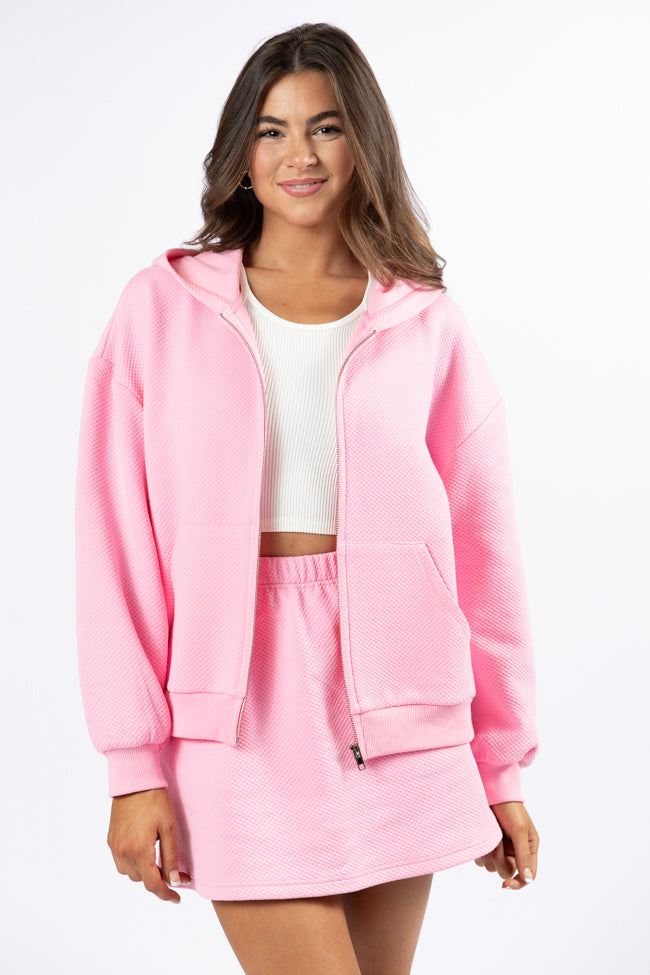 Stylish Pink Textured Knit Zip-Up Hooded Sweatshirt for Women - Cozy Casual Wear for Fall & Winter | Perfect for Streetwear, Lounge & Outdoor Activities