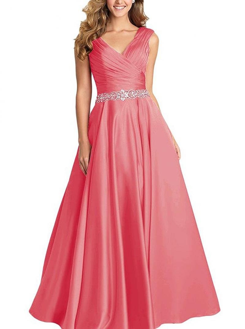 Elegant V-Neck Pleated Satin Prom Dress with Beaded Details - Long Formal Evening Gown for Women - Perfect for Homecoming, Prom Night & Special Occasions