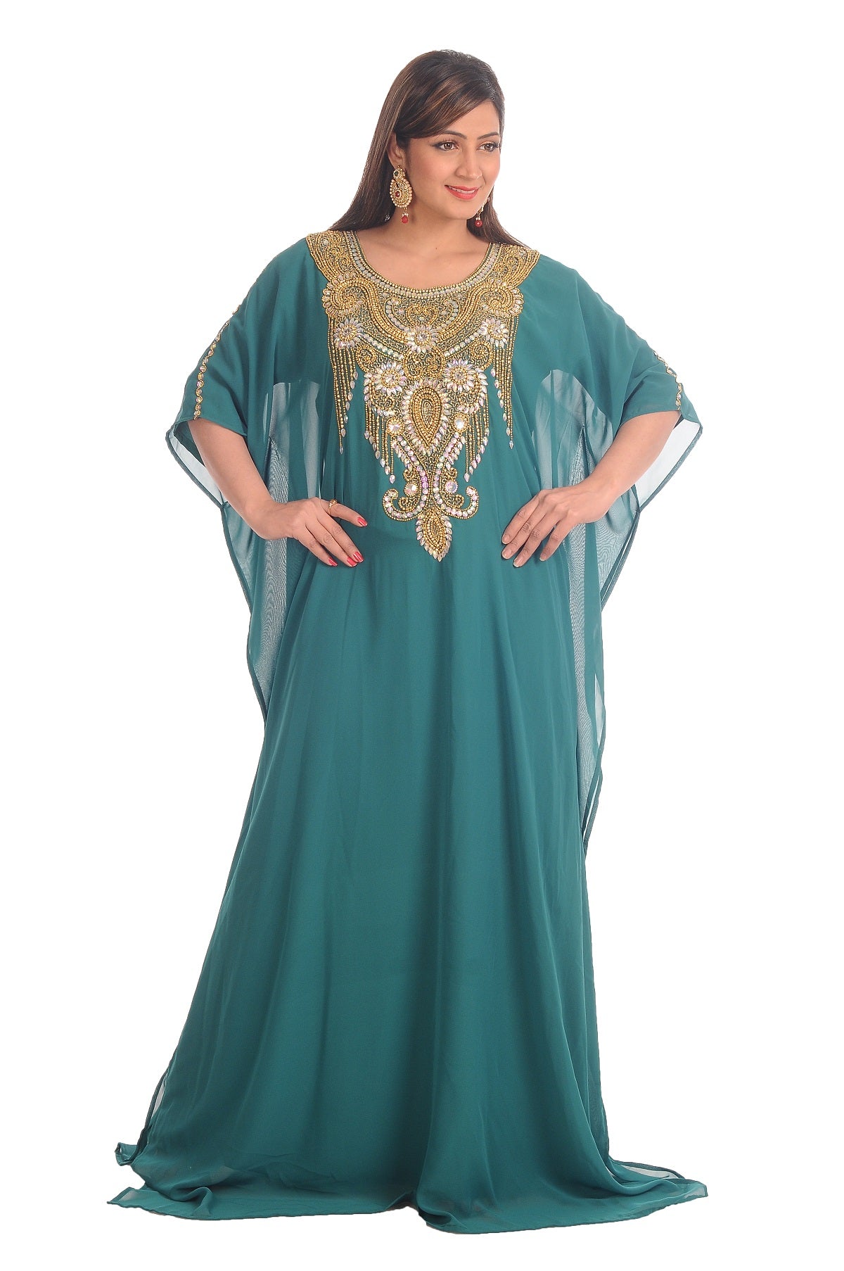 Farasha Boho Embroidered Maxi Dress in Rama Green - Elegant Floral Design for Women, Perfect for Summer Festivals, Beach Vacations & Boho Chic Outfits
