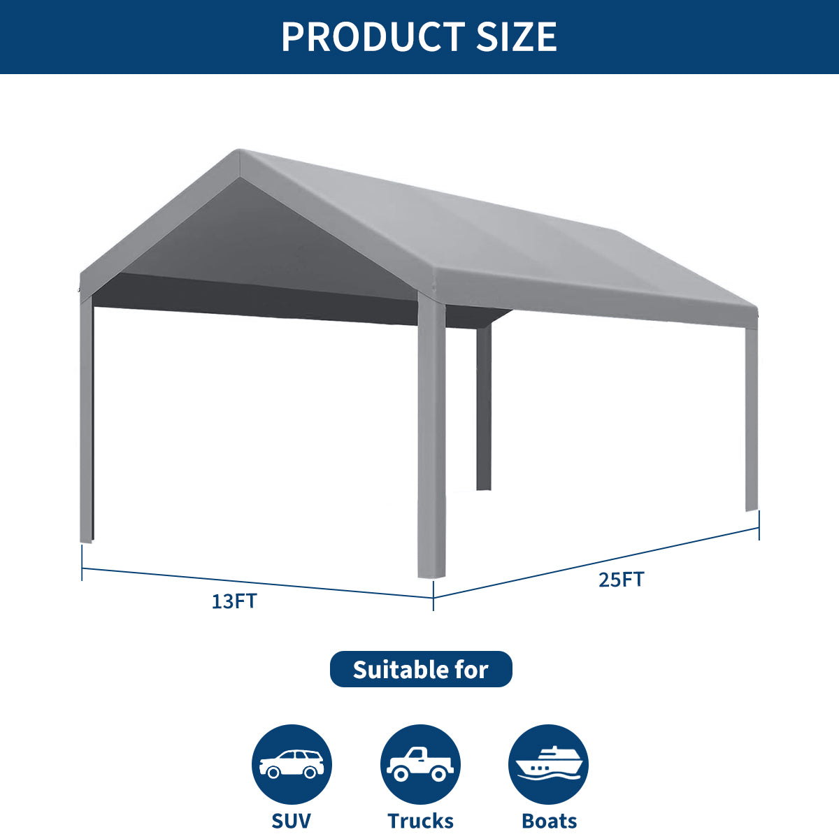 GARVEE 13'x25' 200G Heavy Duty Waterproof Carport Cover Replacement - UV Protected Shelter Tarp for Garage, Tent & Outdoor Use (Grey, Top Only, No Frame)
