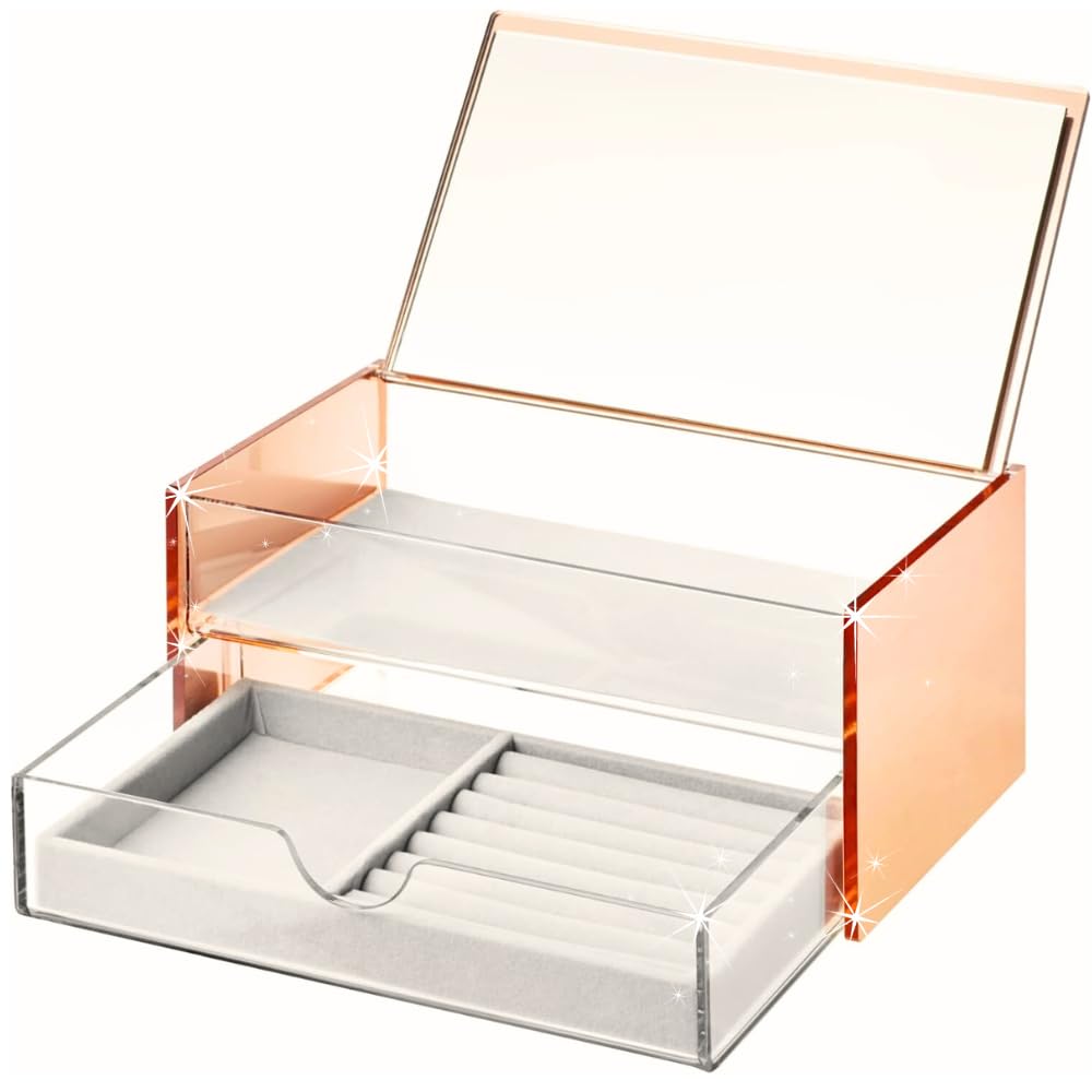 Clear Acrylic Jewelry Box Organizer with Mirror - Rose Gold Jewelry Holder & Storage Case for Necklaces, Rings, Earrings | Perfect for Travel, Vanity Display & Gift Giving
