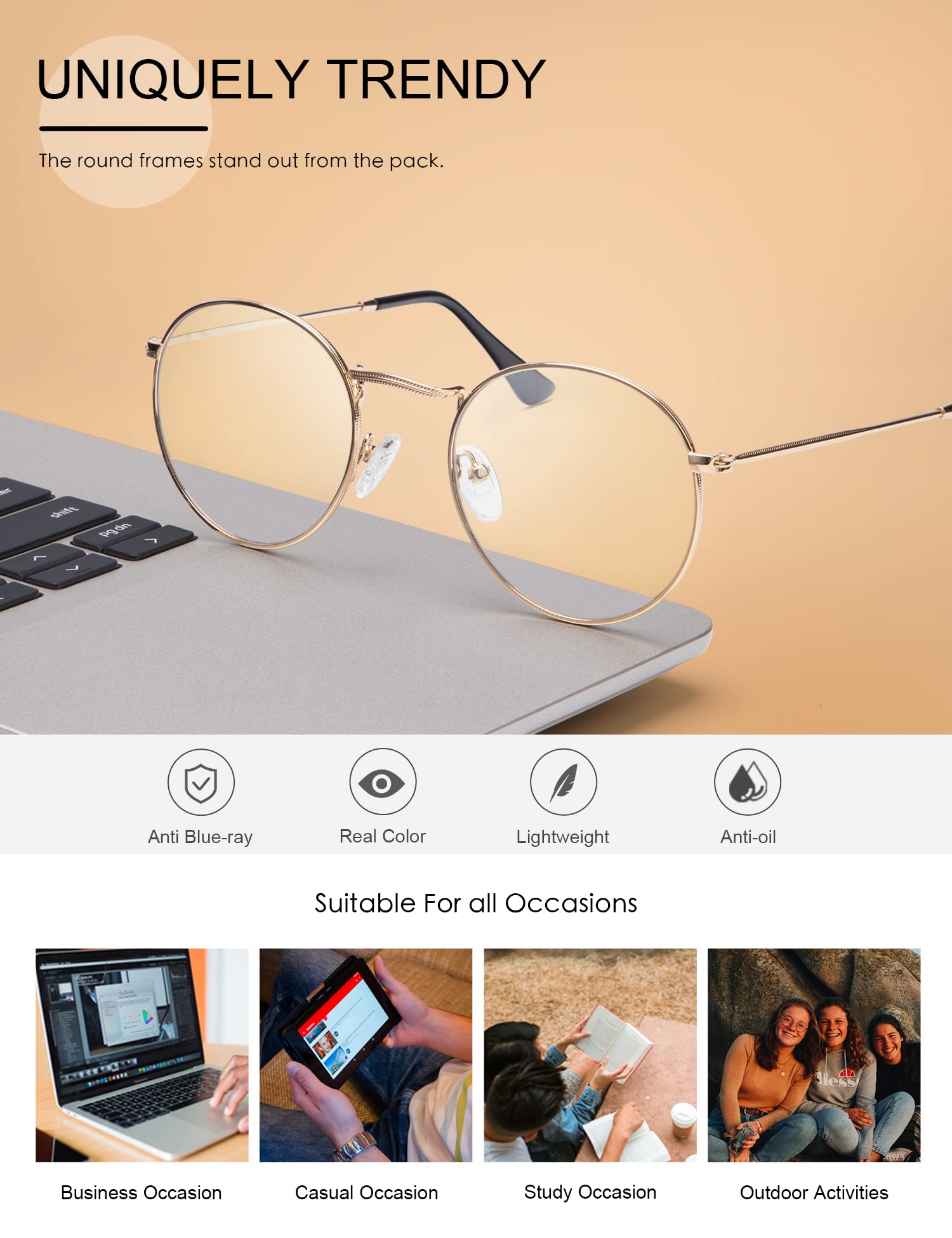 Blue Light Blocking Glasses for Men & Women - Anti Eyestrain UV Protection, Fashion Round Clear Lens Computer Glasses for Office Work & Screen Time