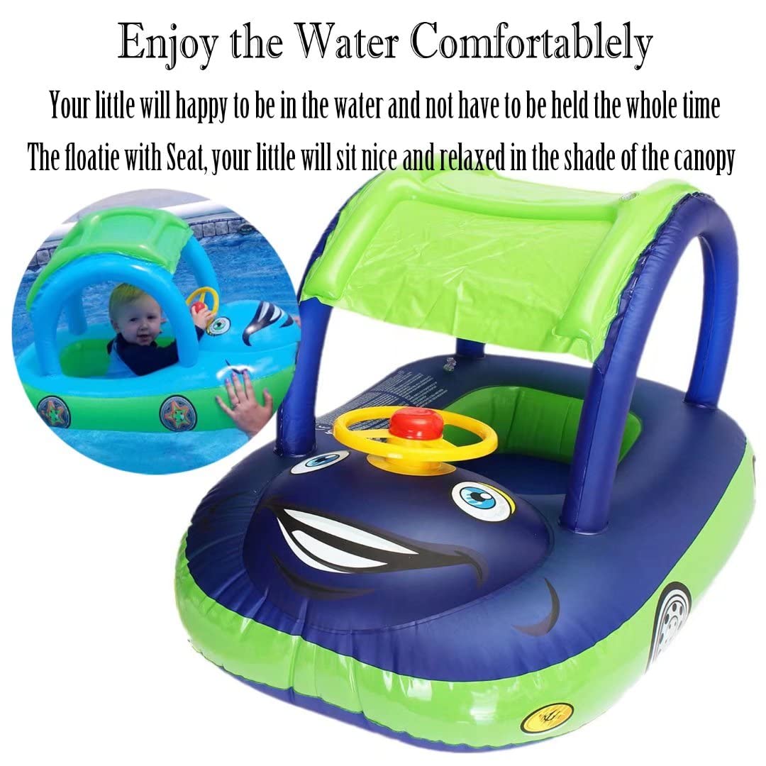 **Inflatable Baby Pool Float with Canopy & Steering Wheel - Sunshade Swim Ring, Toddler Boat Seat for Summer Fun - Perfect for Infants & Kids in Pools, Lakes, and Beach Play**