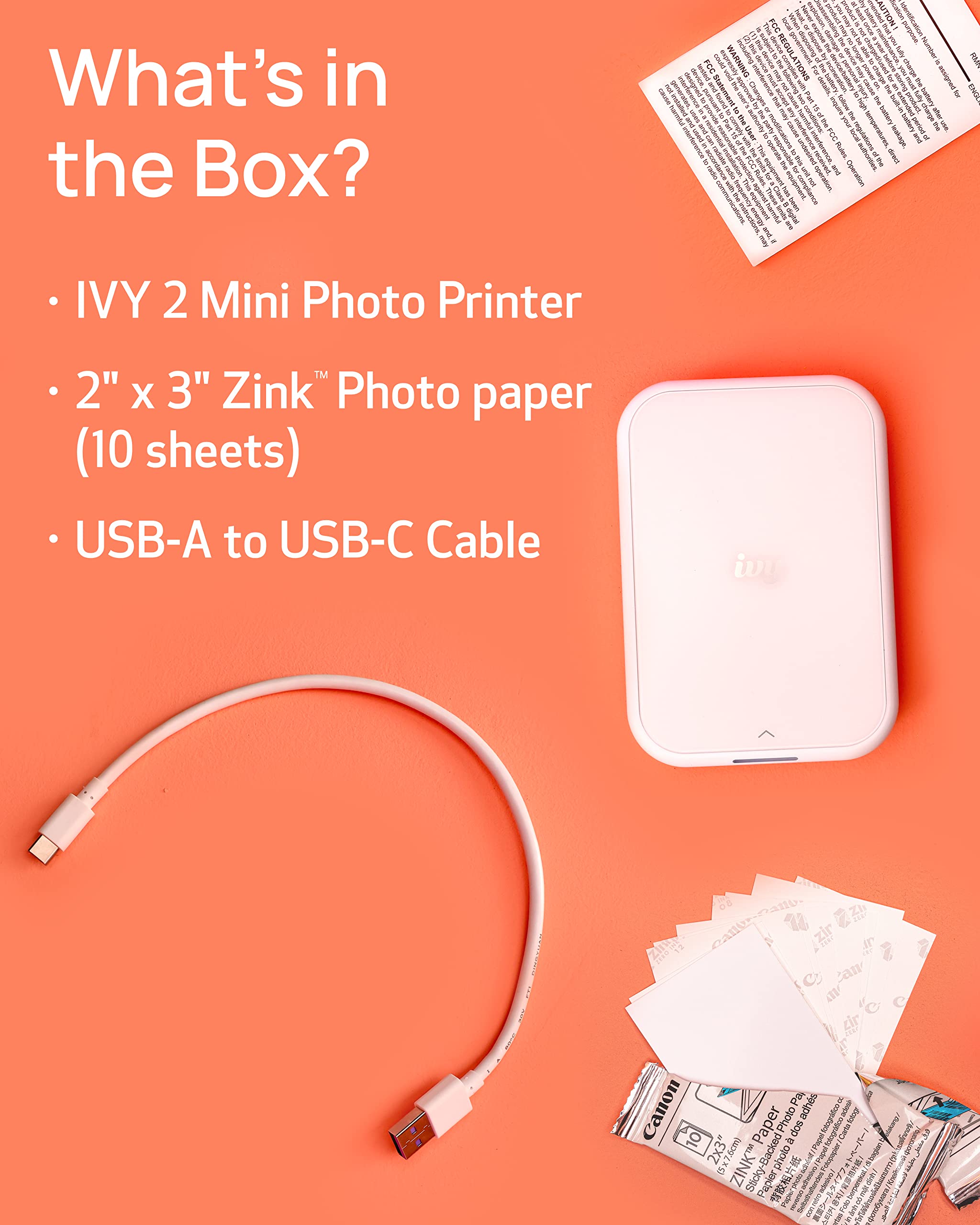 Canon IVY 2 Mini Photo Printer - Wireless Portable Zink Printer for iPhone & Android, Sticky-Back Instant Prints with 20-Sheet Photo Paper Pack - Perfect for Travel, Scrapbooking & DIY Projects