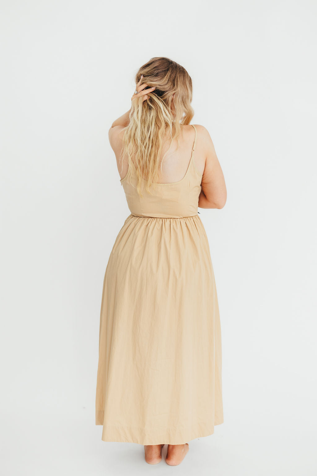 Celeste Square Neck Midi Dress with Bow Detail in Khaki - Elegant Women's Summer Dress for Weddings, Parties & Date Nights